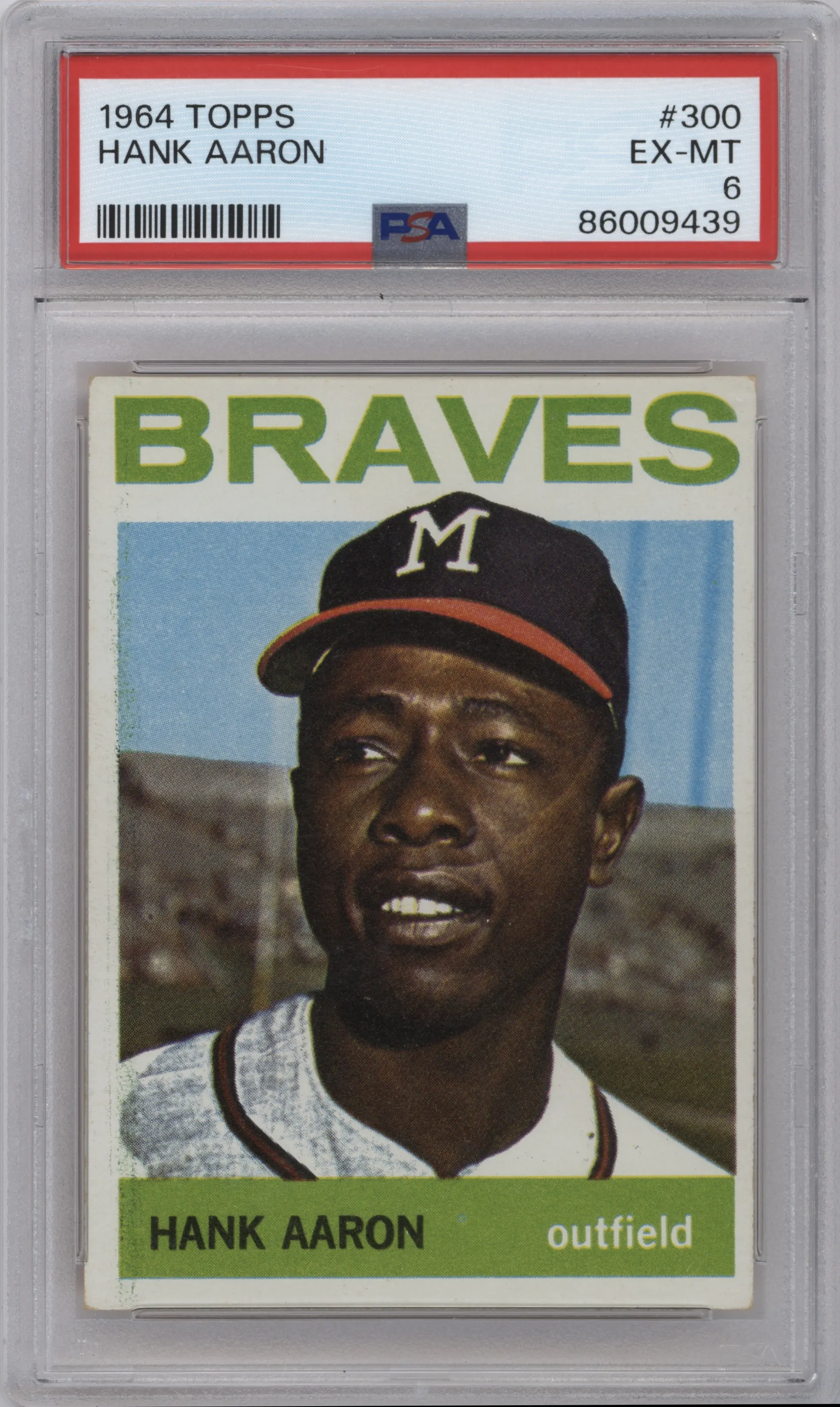 Hank Aaron from the 1964 Topps set graded by PSA and given an overall grade of 6.