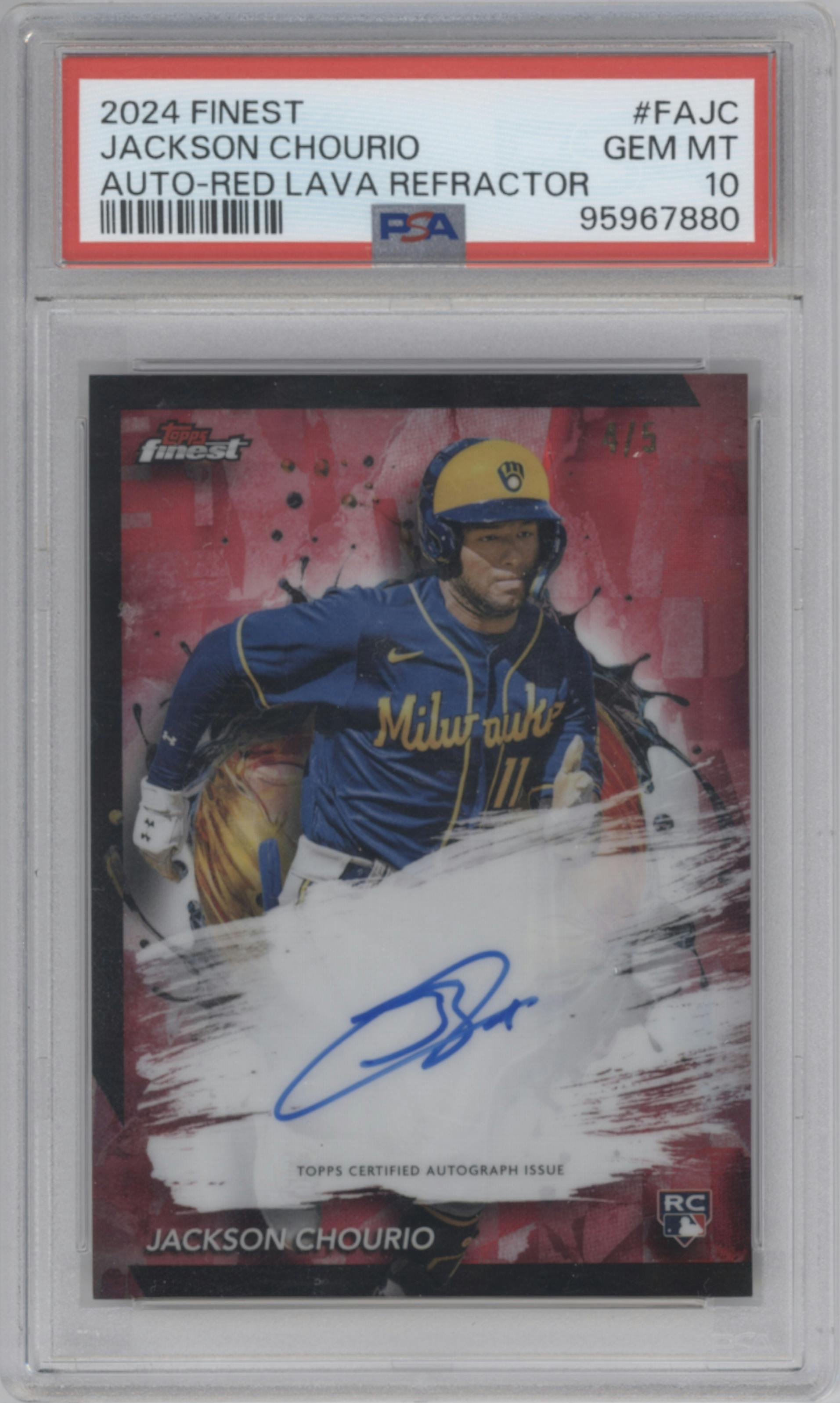 Jackson Chourio from the 2024 Topps Finest set featuring a Red Lava Refractor parallel graded by PSA and given an overall grade of 10.