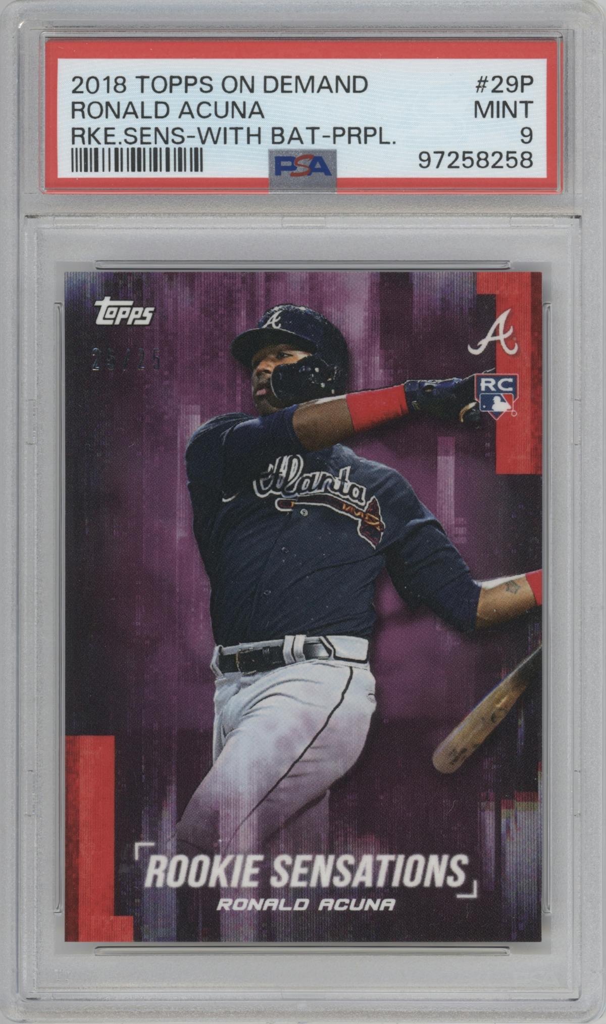 Ronald Acuna from the 2018 Topps On Demand set featuring a Purple  parallel graded by PSA and given an overall grade of 9.