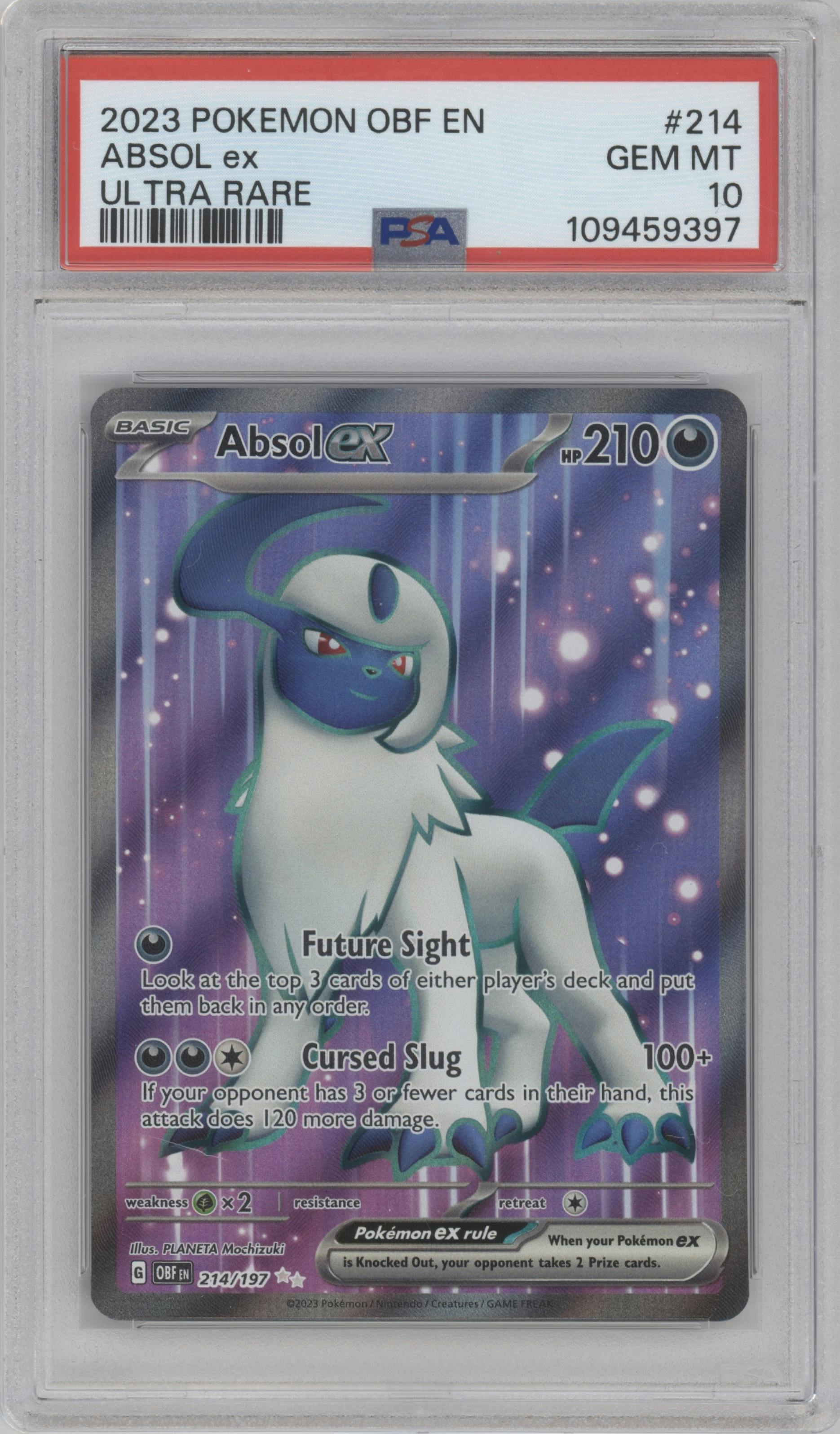 Absol ex from the 2023 Pokemon SV set graded by PSA and given an overall grade of 10.
