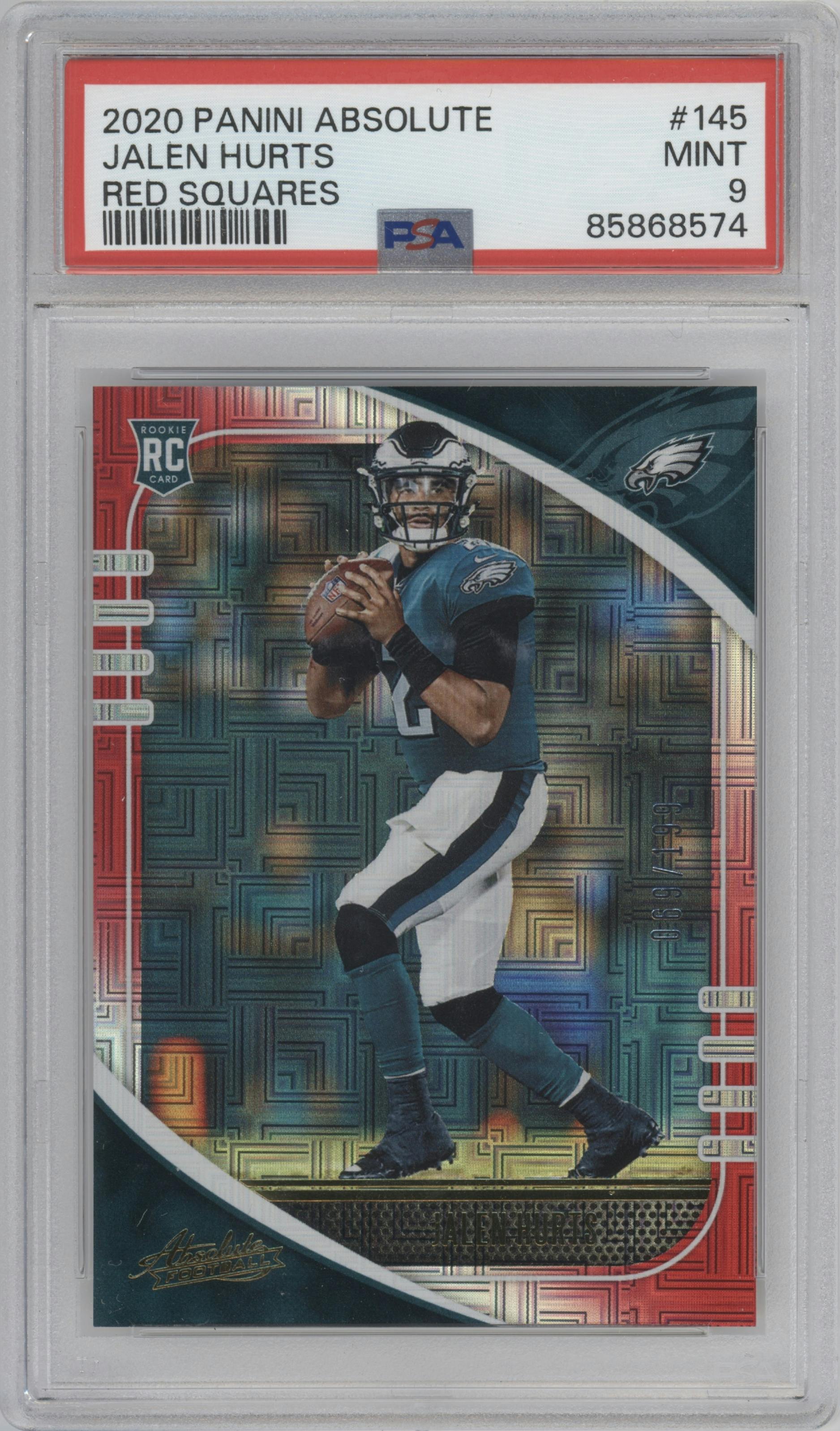 Jalen Hurts from the 2020 Panini Absolute set featuring a Red Squares parallel graded by PSA and given an overall grade of 9.