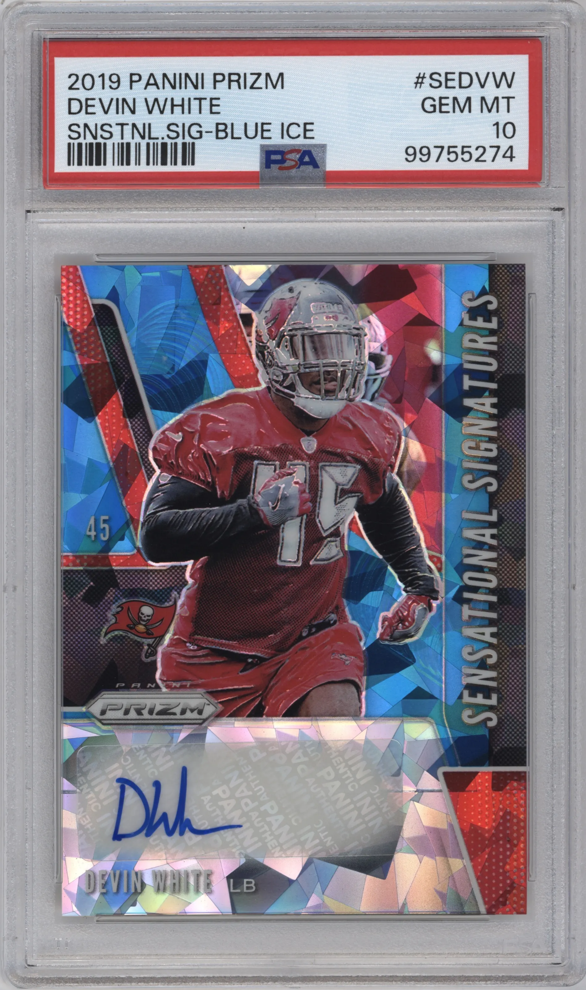 Devin White from the 2019 Panini Prizm set featuring a Blue Ice parallel graded by PSA and given an overall grade of 10.