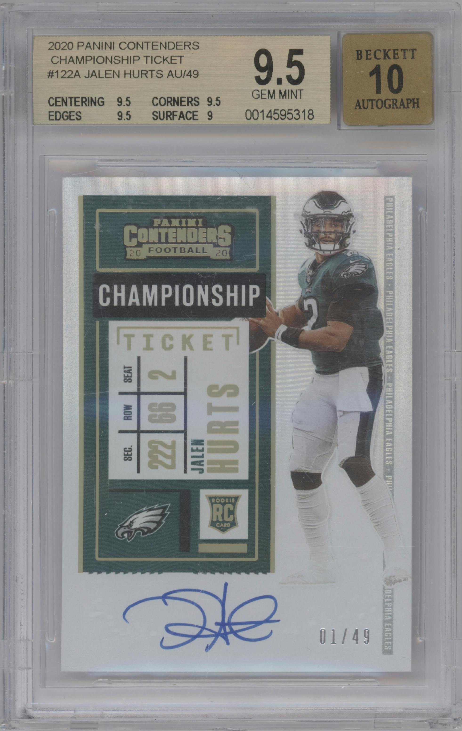 Jalen Hurts from the 2020 Panini Contenders set featuring a Championship Ticket parallel graded by Beckett and given an overall grade of 9.5.