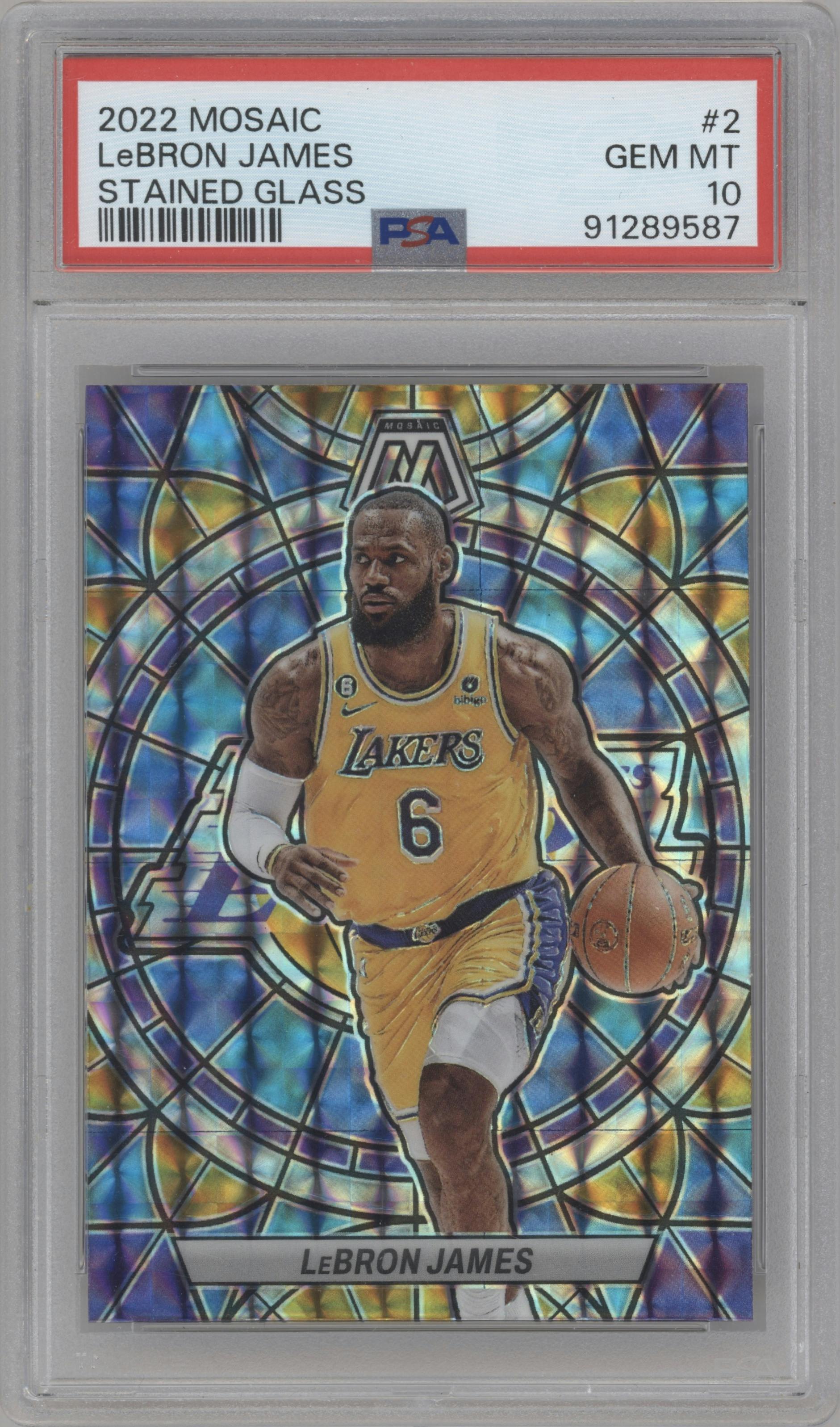 LeBron James from the 2022-23 Panini Mosaic set graded by PSA and given an overall grade of 10.