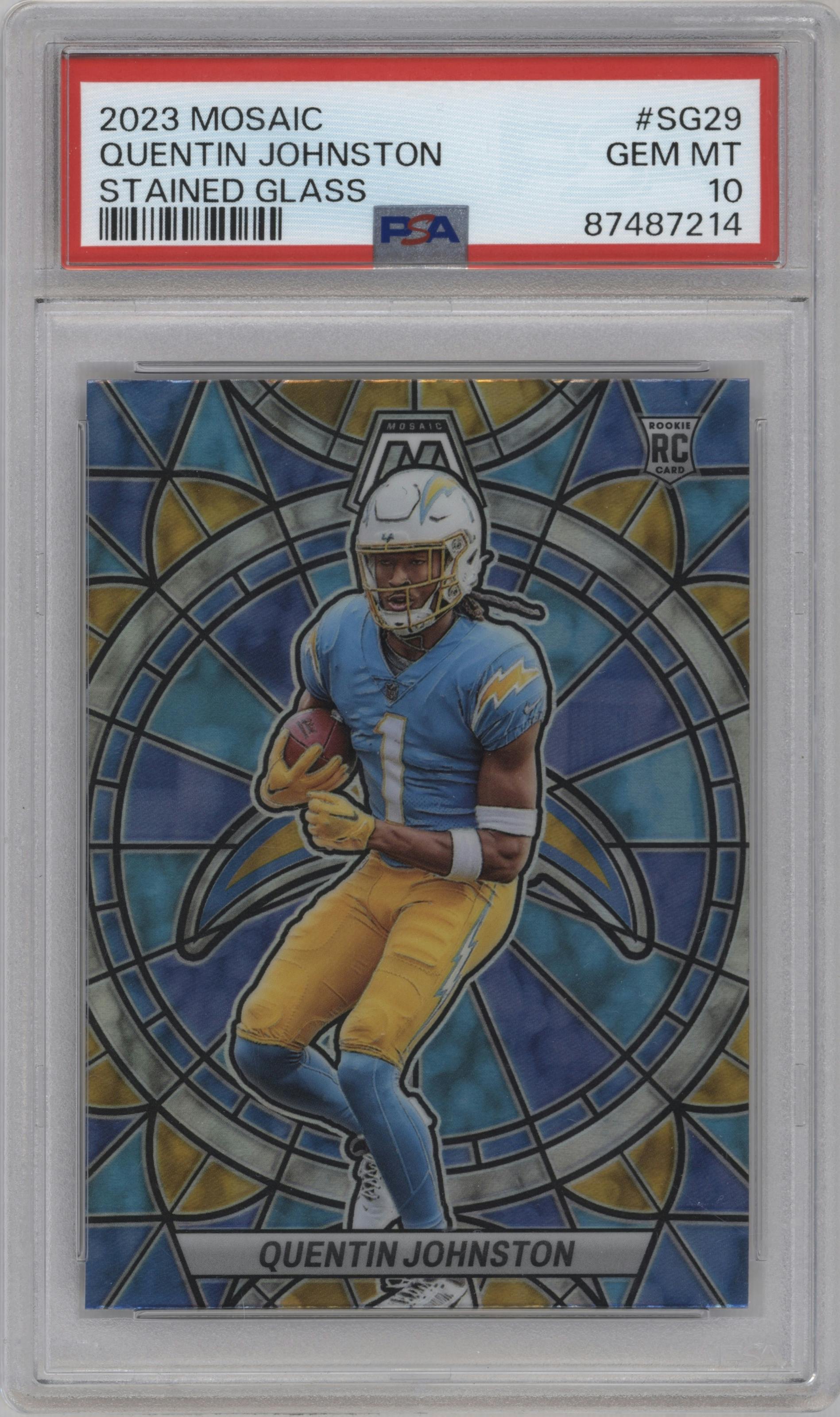 Quentin Johnston from the 2023 Panini Mosaic set graded by PSA and given an overall grade of 10.