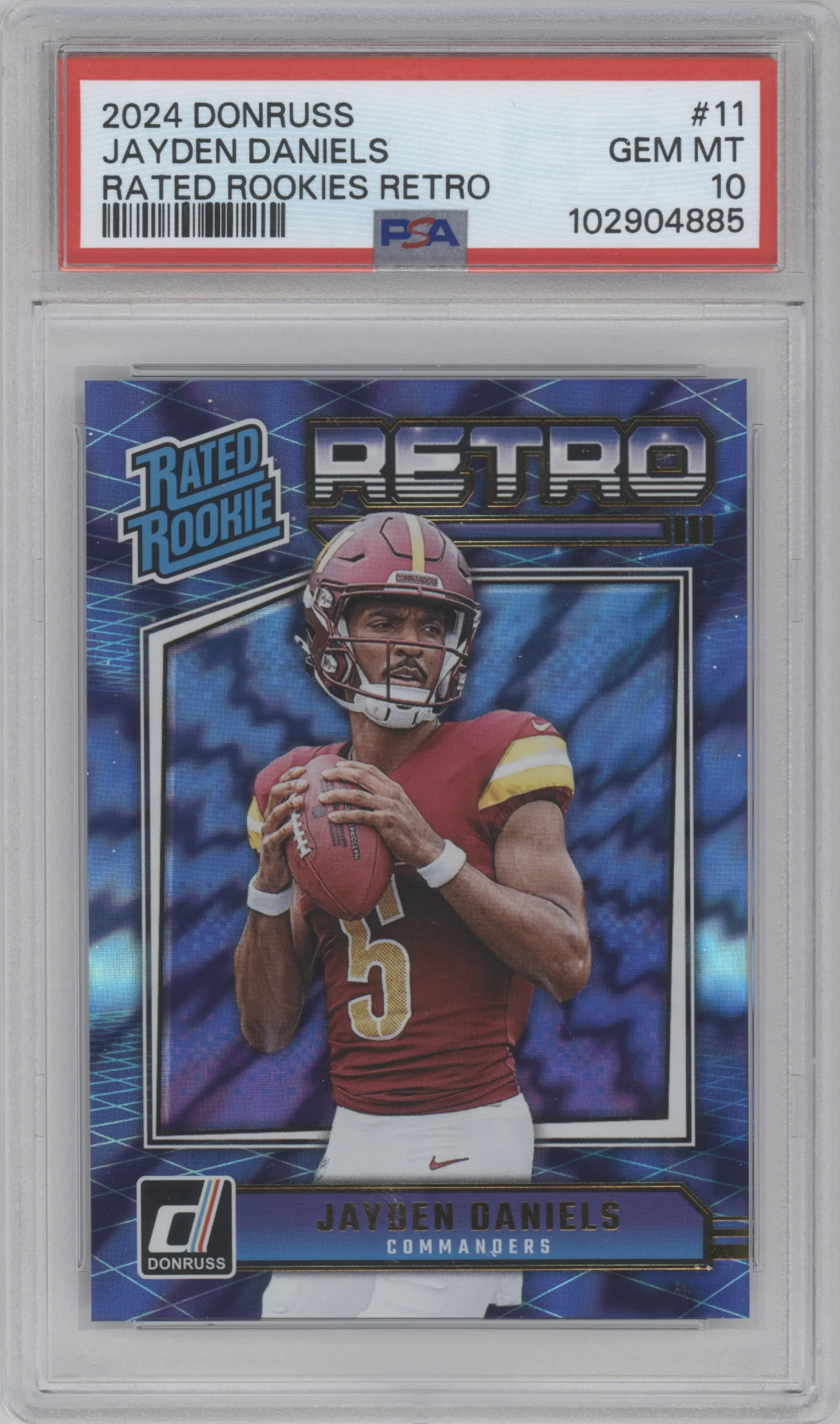 Jayden Daniels from the 2024 Donruss set graded by PSA and given an overall grade of 10.