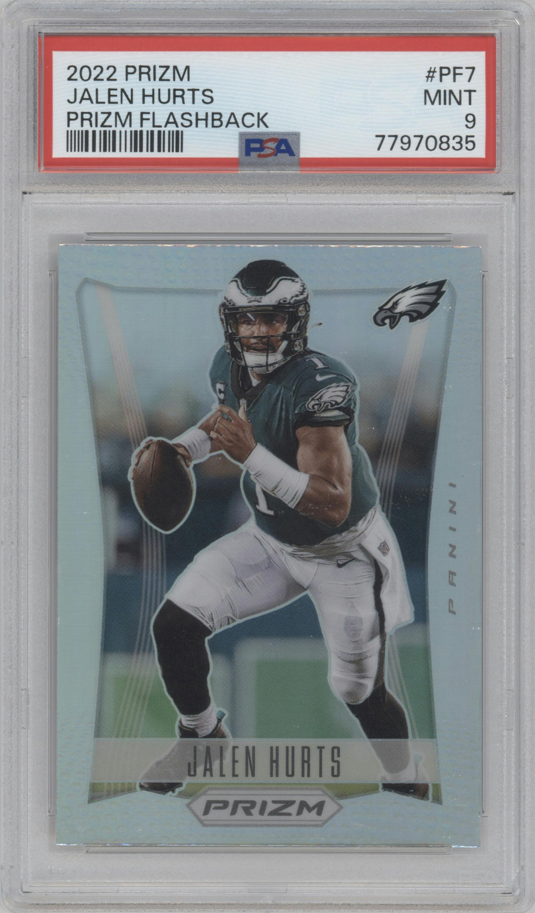Jalen Hurts from the 2022 Panini Prizm set featuring a Silver Prizm parallel graded by PSA and given an overall grade of 9.