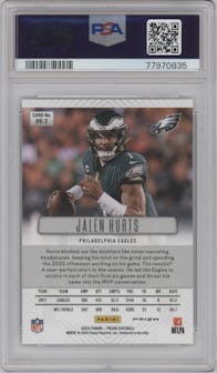 Jalen Hurts from the 2022 Panini Prizm set featuring a Silver Prizm parallel graded by PSA and given an overall grade of 9.