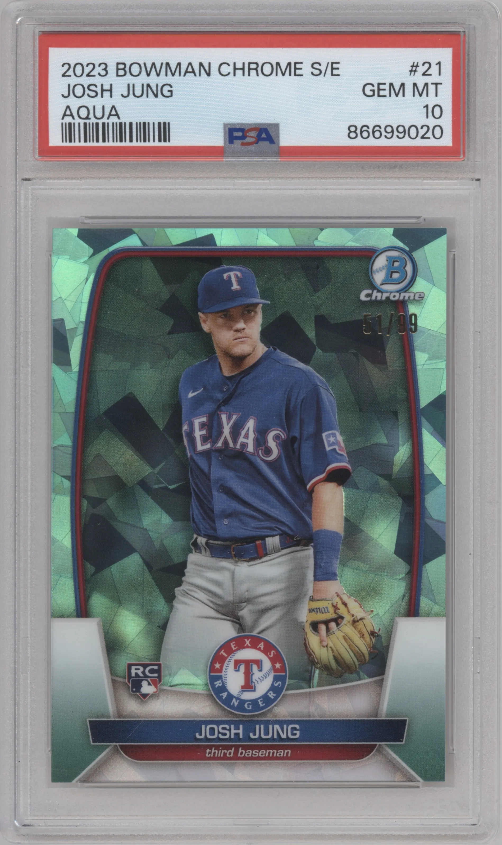 Josh Jung from the 2023 Bowman Chrome Sapphire Edition set featuring a Aqua parallel graded by PSA and given an overall grade of 10.