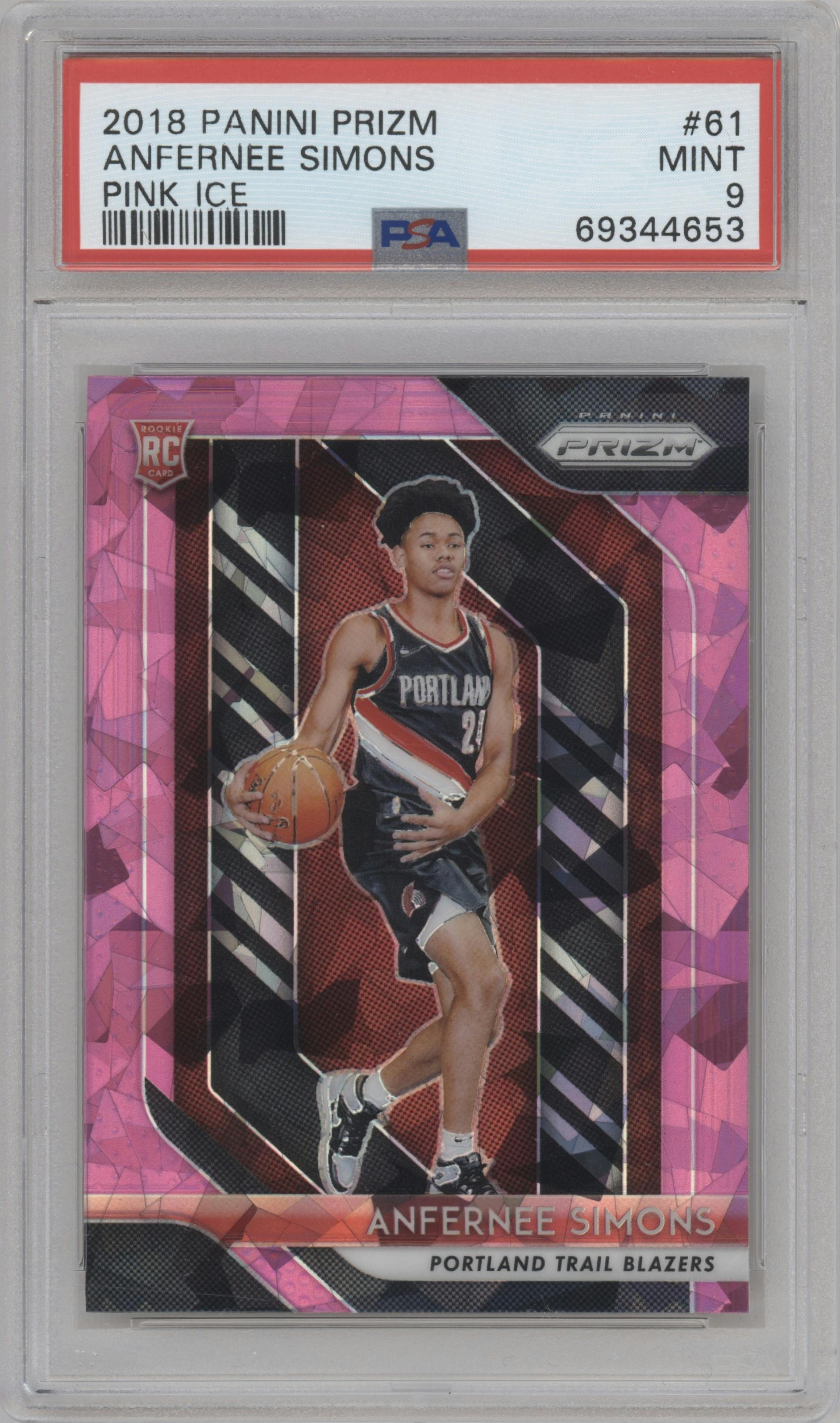 Anfernee Simons from the 2018-19 Panini Prizm set featuring a Pink Ice parallel graded by PSA and given an overall grade of 9.