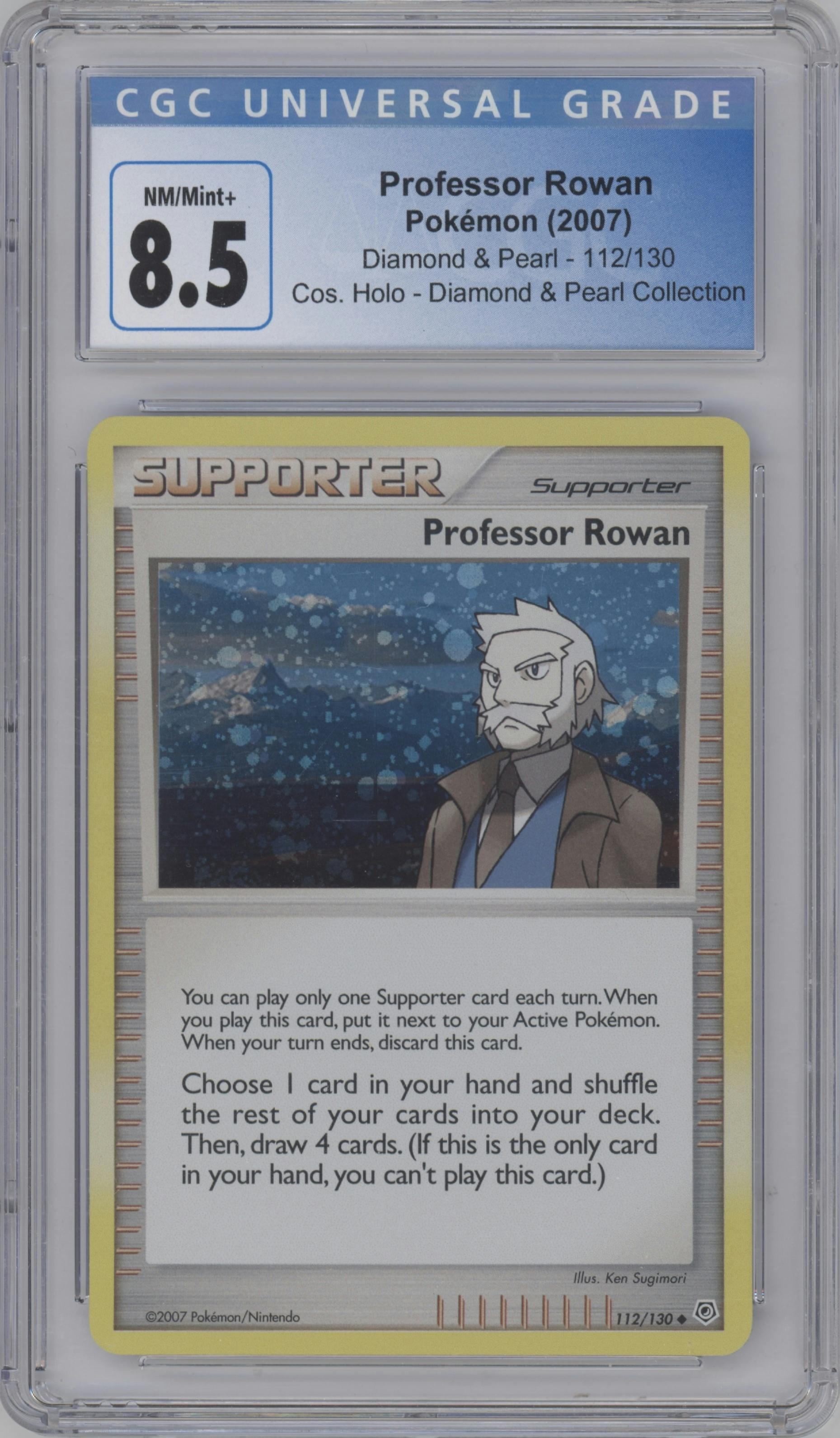 Professor Rowan from the 2007 Pokemon D&P set graded by CSG and given an overall grade of 8.5.