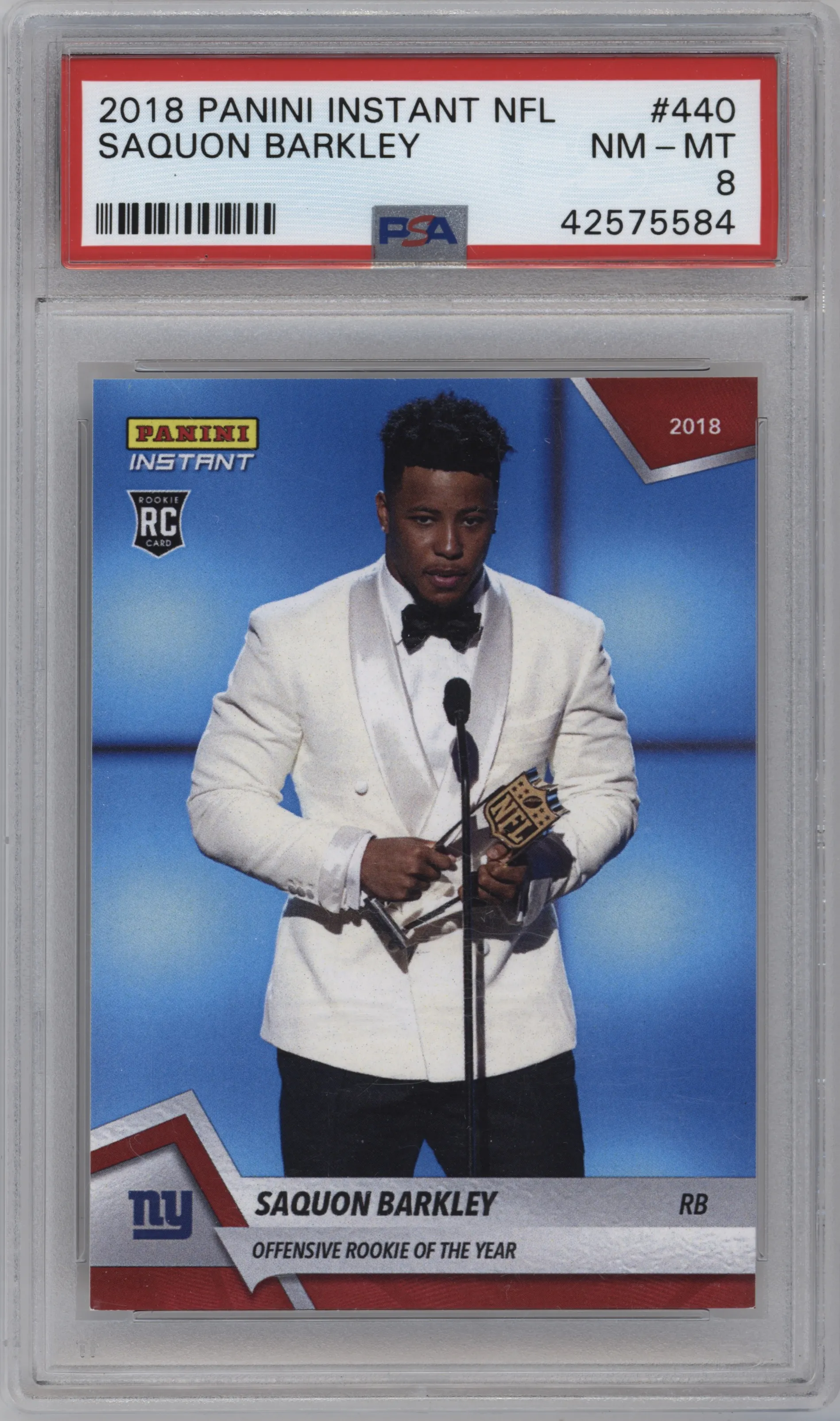Saquon Barkley from the 2018 Panini Instant NFL set graded by PSA and given an overall grade of 8.