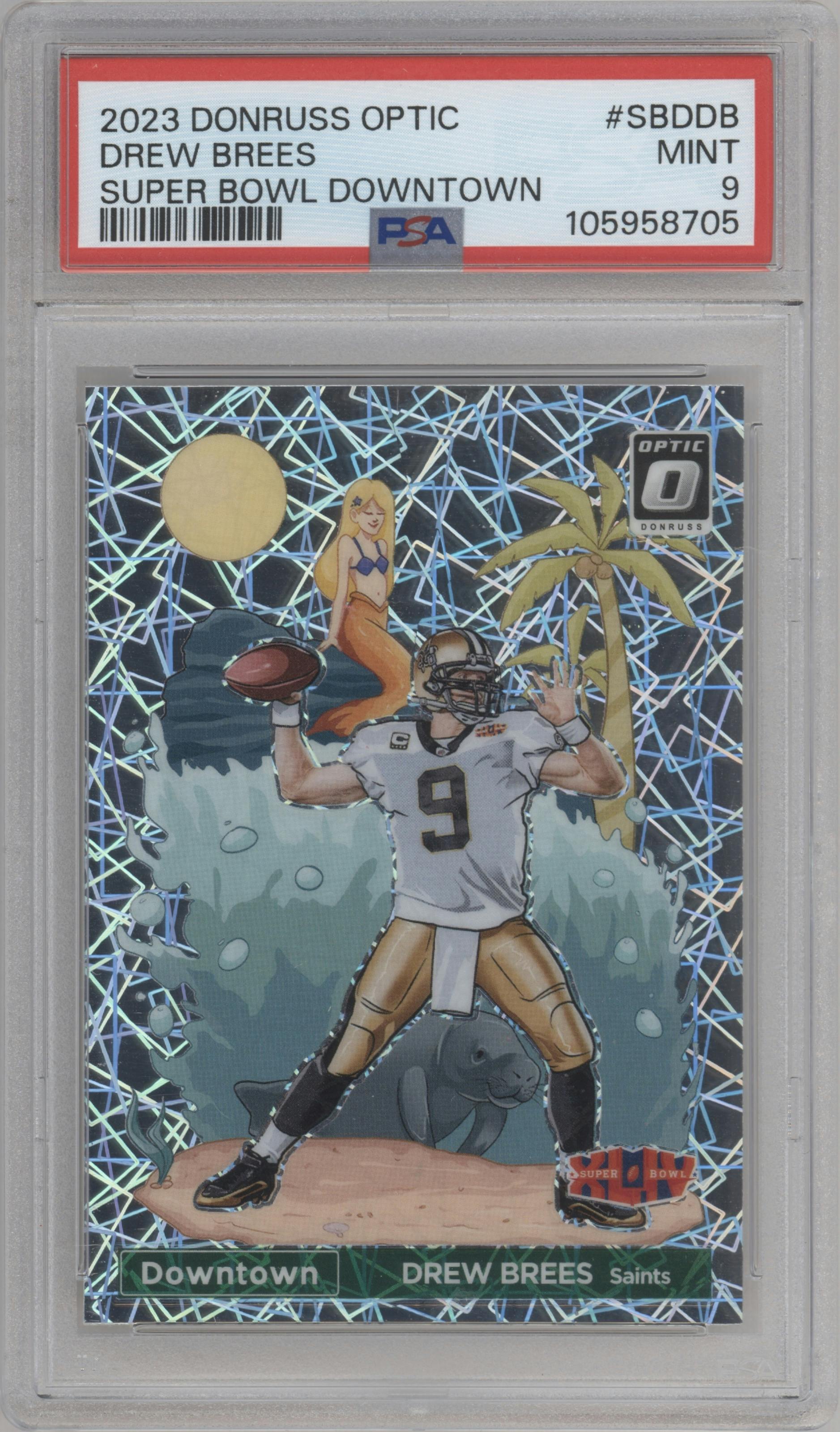 Drew Brees from the 2023 Donruss Optic set graded by PSA and given an overall grade of 9.