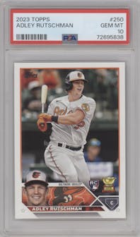 Adley Rutschman from the 2023 Topps Series 1 set graded by PSA and given an overall grade of 10.