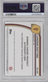 Cameron Skattebo from the 2024 Bowman University Chrome set featuring a Black and Gold Stealth Refractor parallel graded by PSA and given an overall grade of 10.