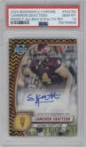 Cameron Skattebo from the 2024 Bowman University Chrome set featuring a Black and Gold Stealth Refractor parallel graded by PSA and given an overall grade of 10.
