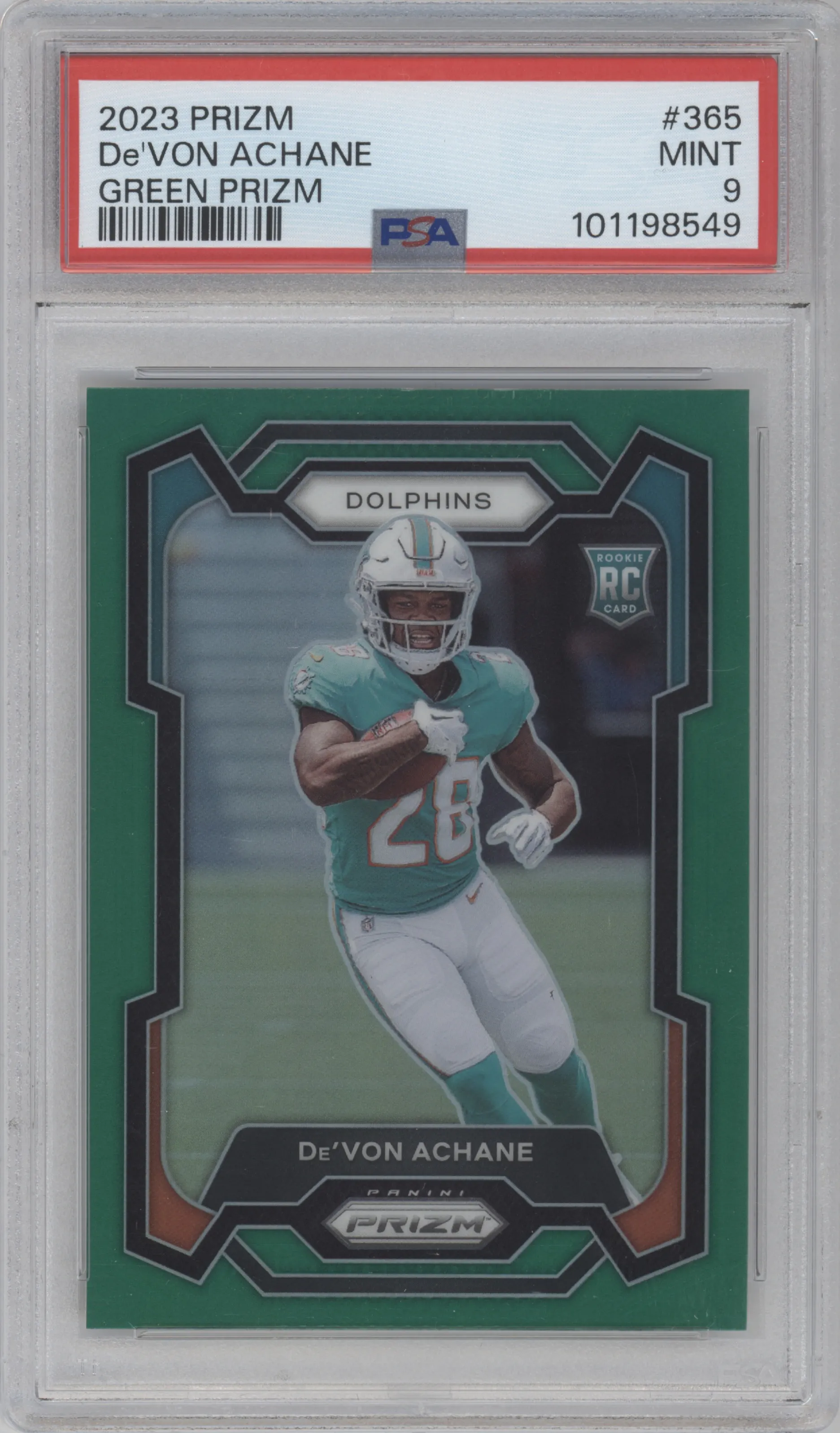 De'Von Achane from the 2023 Panini Prizm set featuring a Green Prizm parallel graded by PSA and given an overall grade of 9.