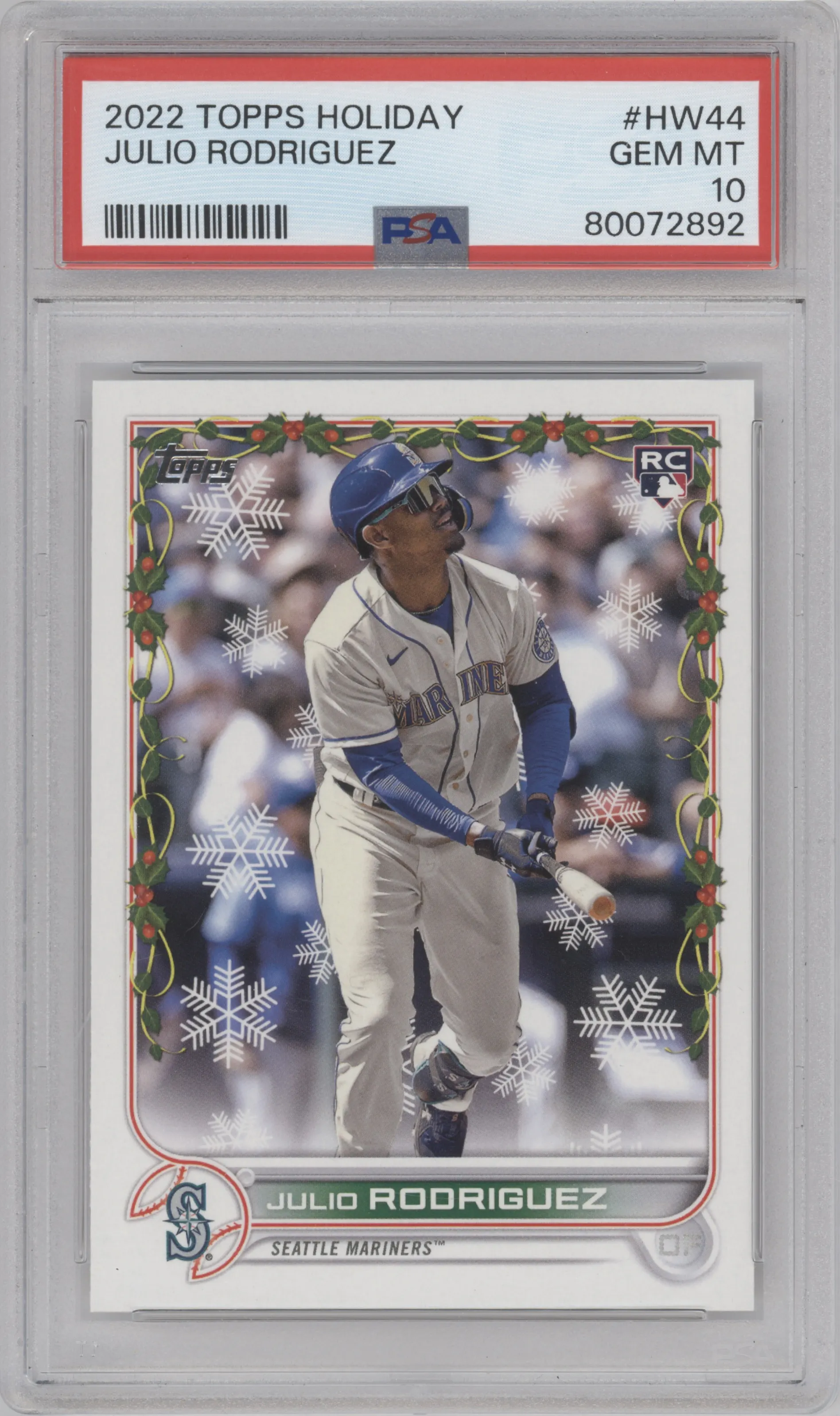 Julio Rodriguez from the 2022 Topps Holiday set graded by PSA and given an overall grade of 10.