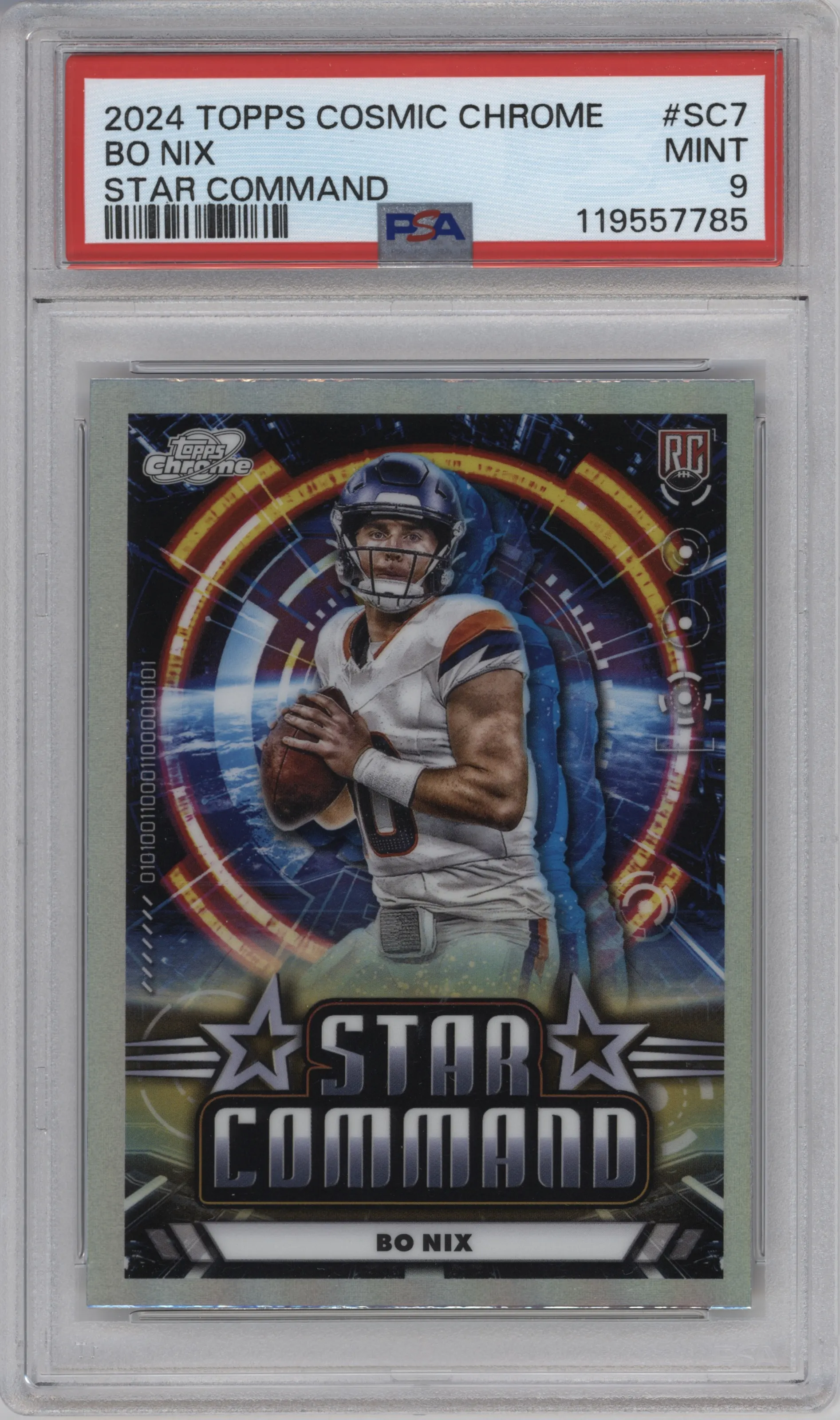 Bo Nix from the 2024 Topps Cosmic Chrome set graded by PSA and given an overall grade of 9.