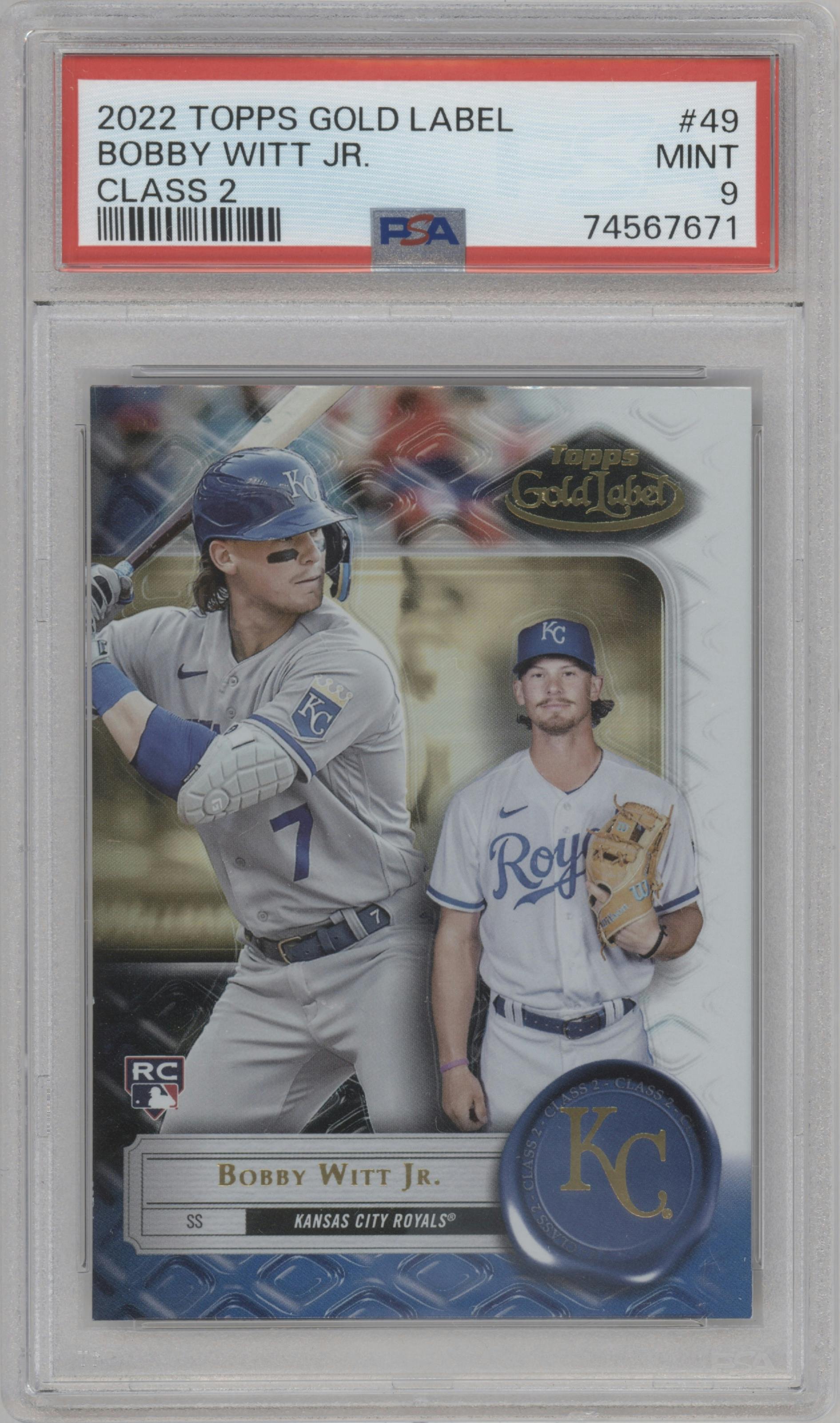 Bobby Witt Jr. from the 2022 Topps Gold Label set graded by PSA and given an overall grade of 9.