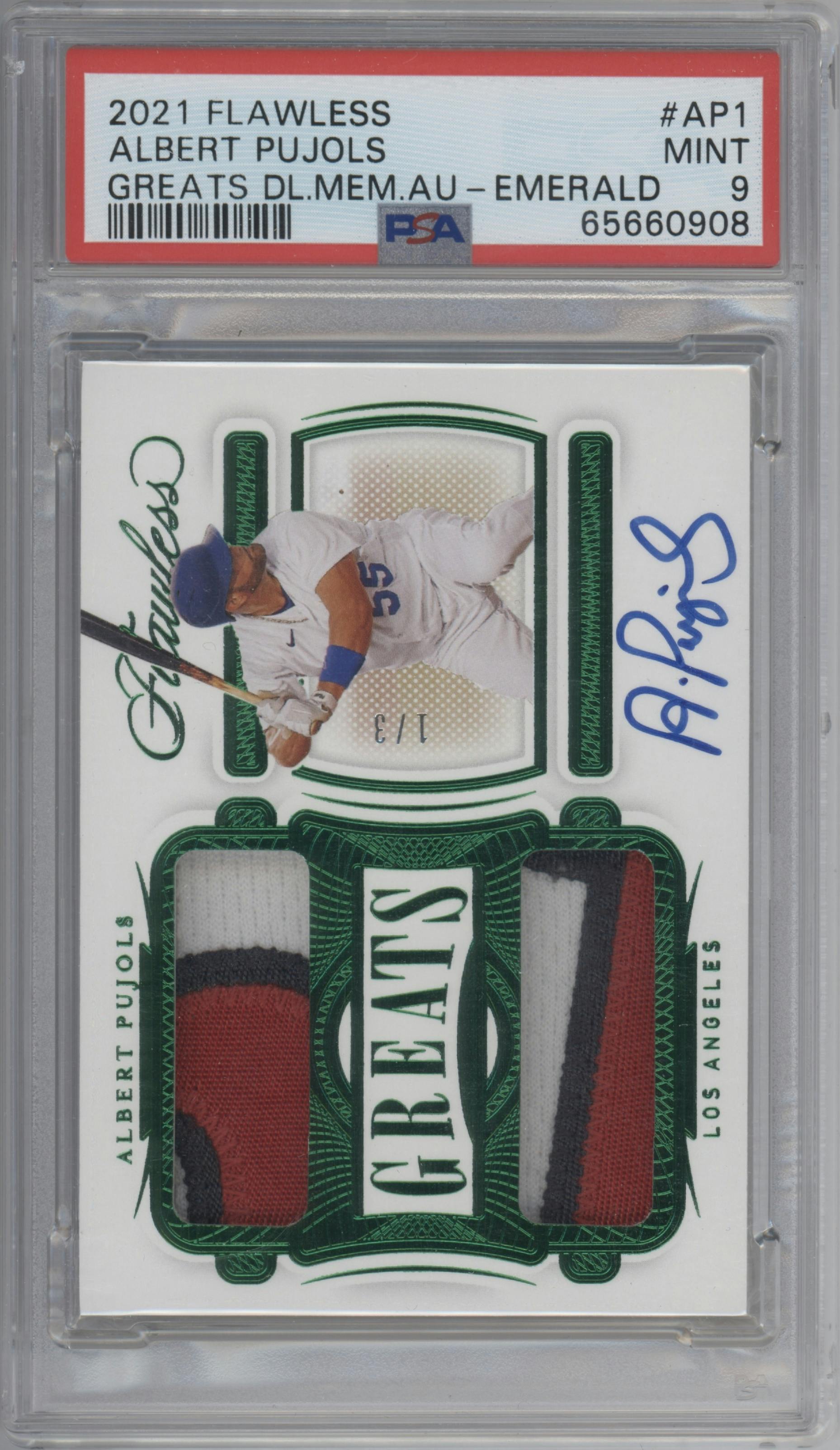 Albert Pujols from the 2021 Panini Flawless set featuring a Emerald parallel graded by PSA and given an overall grade of 9.