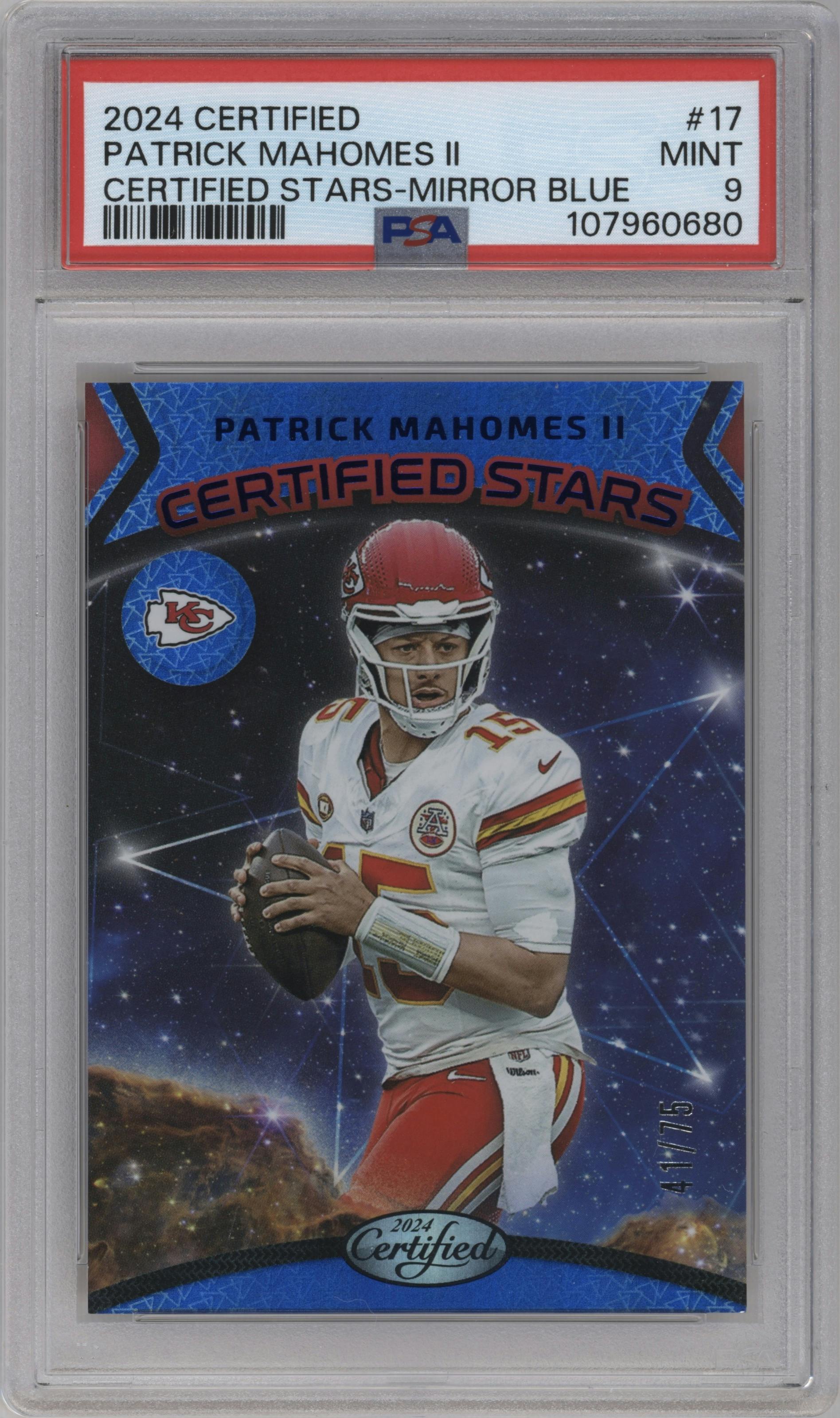 Patrick Mahomes II from the 2024 Panini Certified set featuring a Mirror Blue  parallel graded by PSA and given an overall grade of 9.