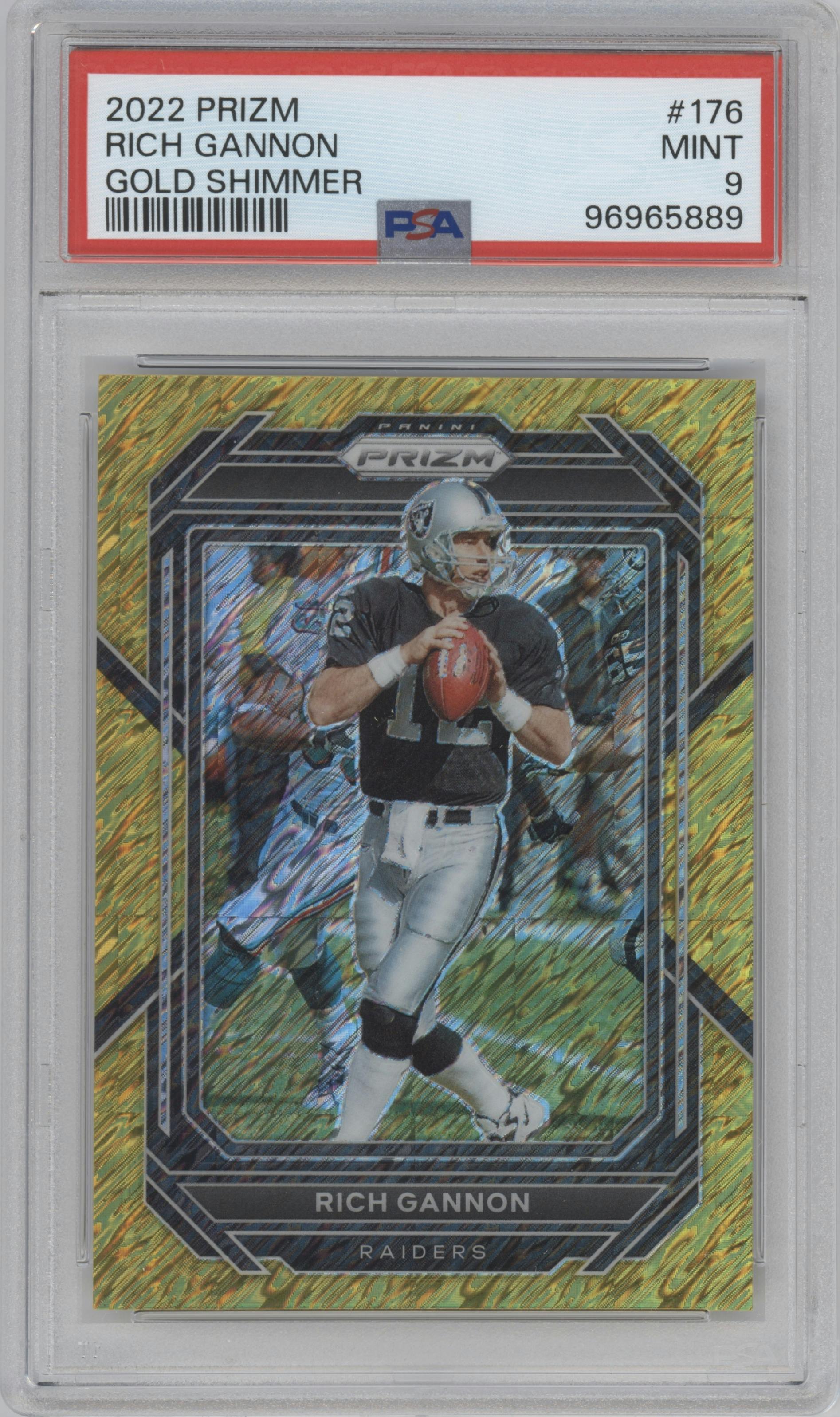 Rich Gannon from the 2022 Panini Prizm set featuring a Gold Shimmer parallel graded by PSA and given an overall grade of 9.