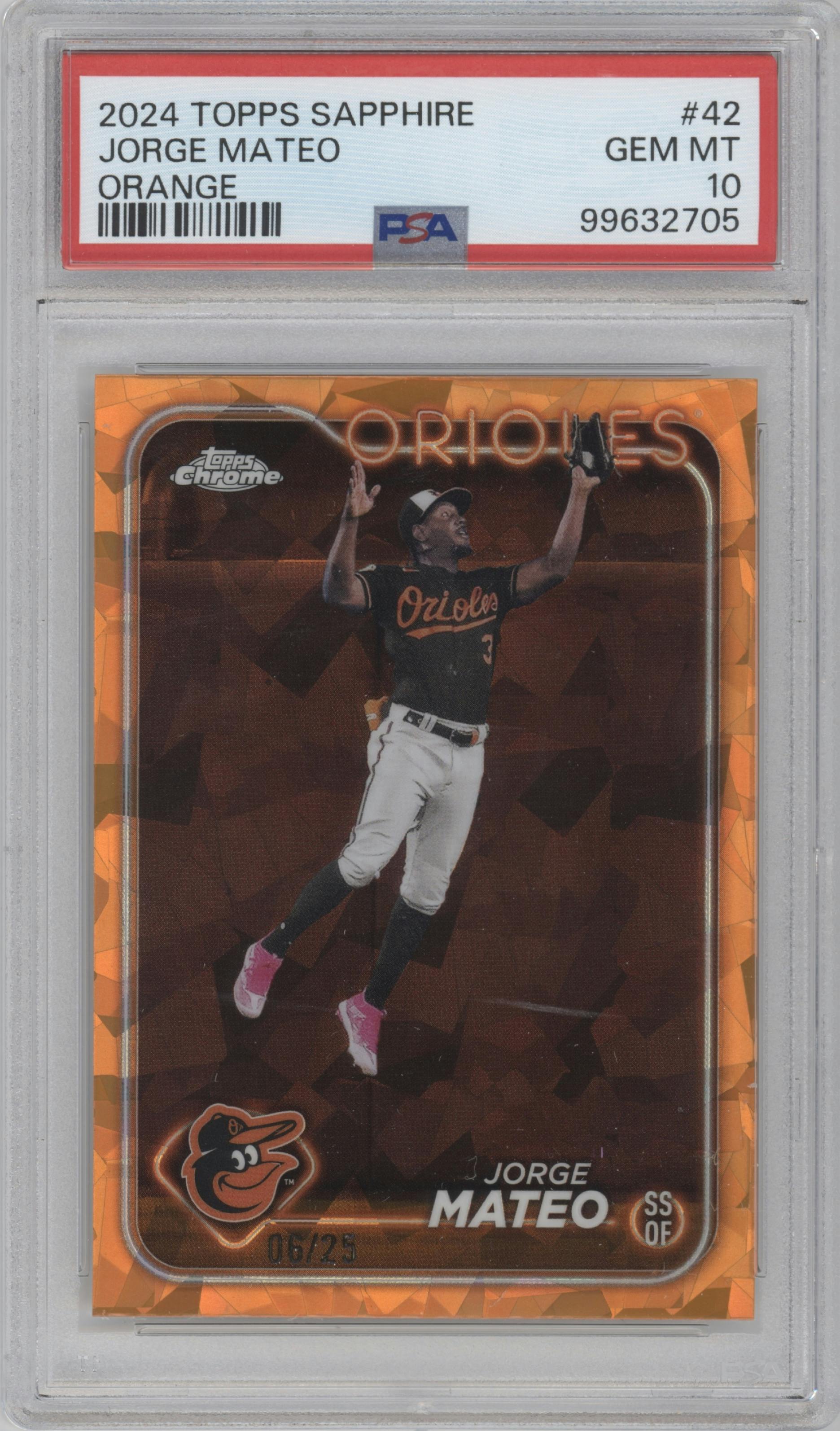 Jorge Mateo from the 2024 Topps Chrome Sapphire set featuring a Orange parallel graded by PSA and given an overall grade of 10.