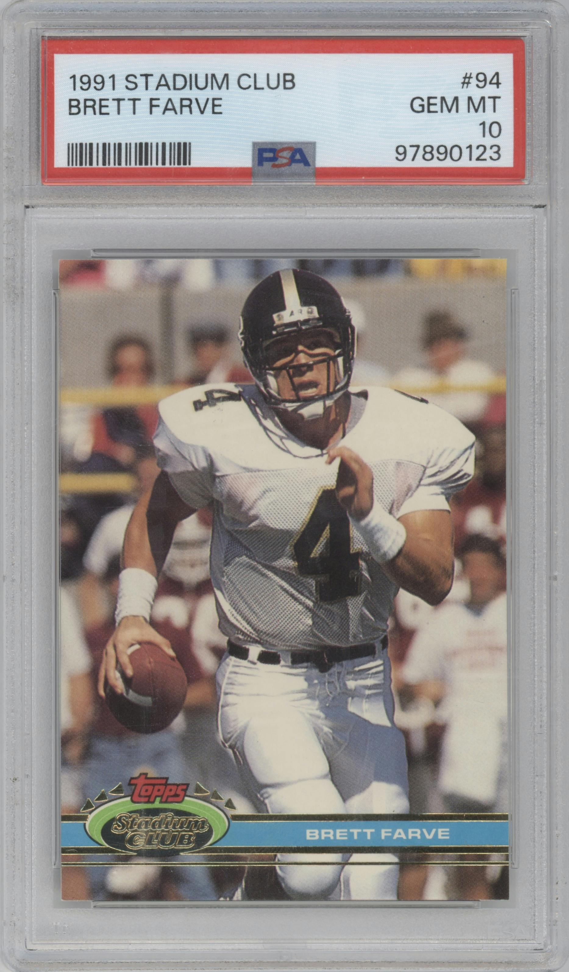 Brett Favre from the 1991 Topps Stadium Club set featuring a Uncorrected Error (mispelled last name) parallel graded by PSA and given an overall grade of 10.