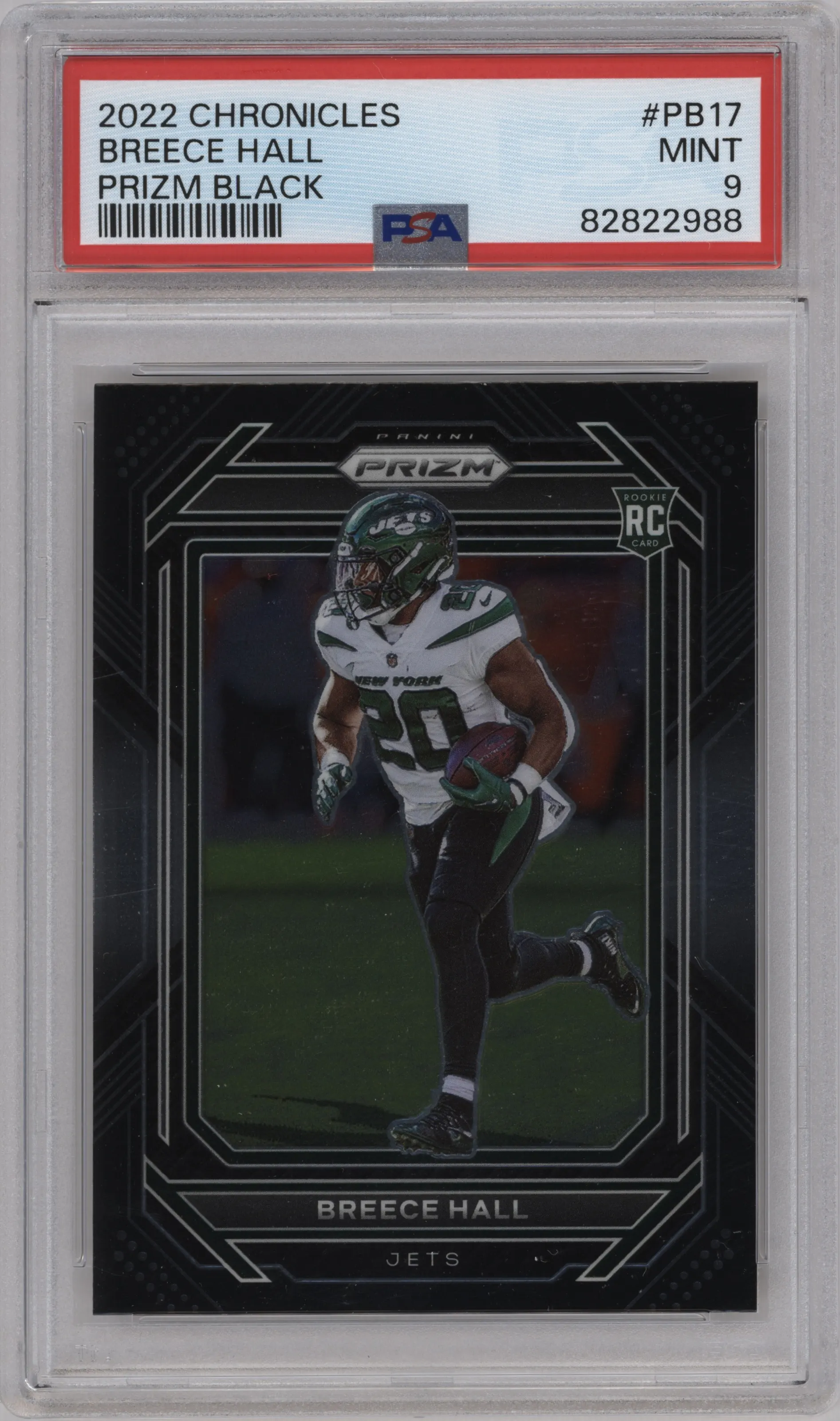 Breece Hall from the 2022 Panini Chronicles set graded by PSA and given an overall grade of 9.