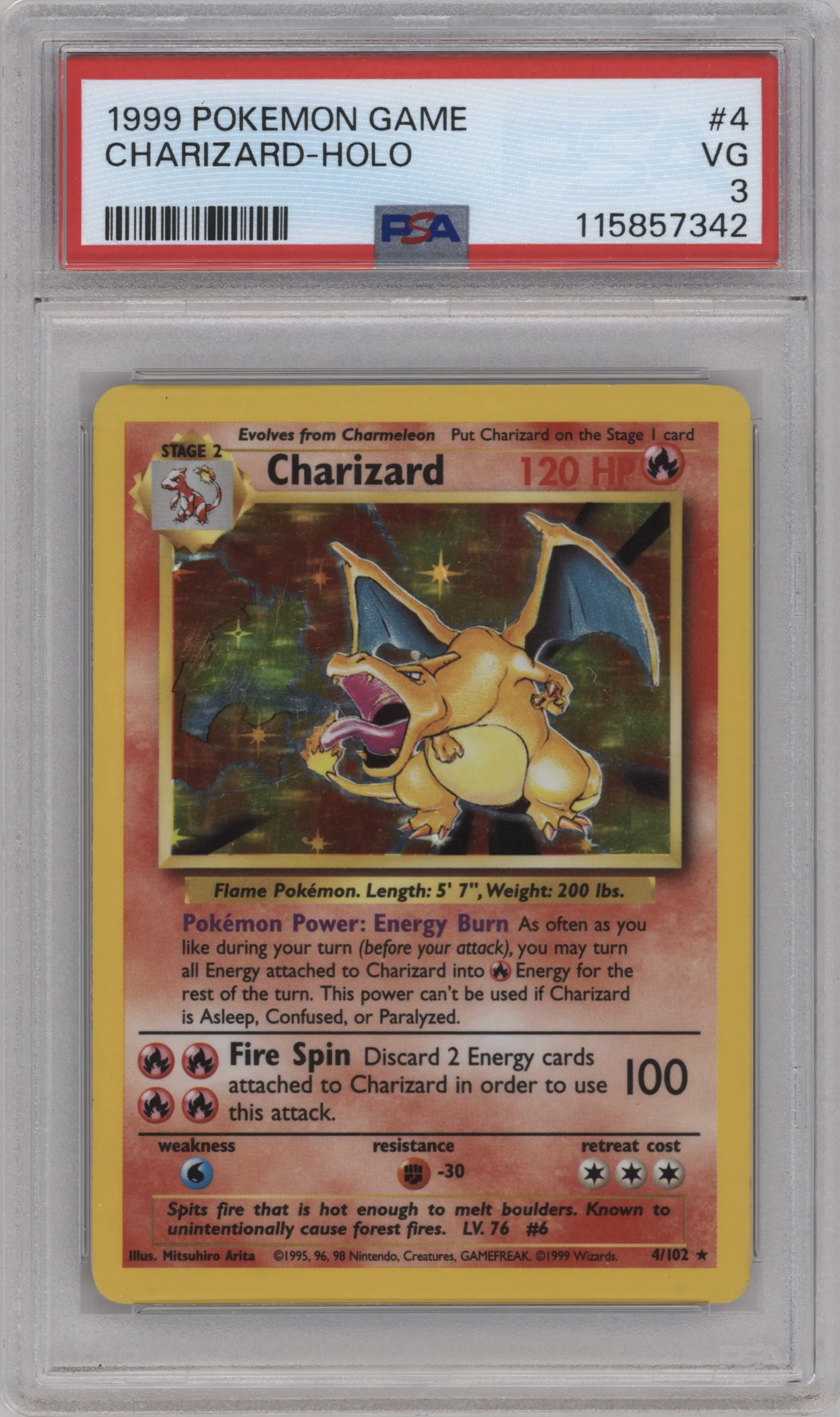 Charizard from the 1999 Pokemon set graded by PSA and given an overall grade of 3.