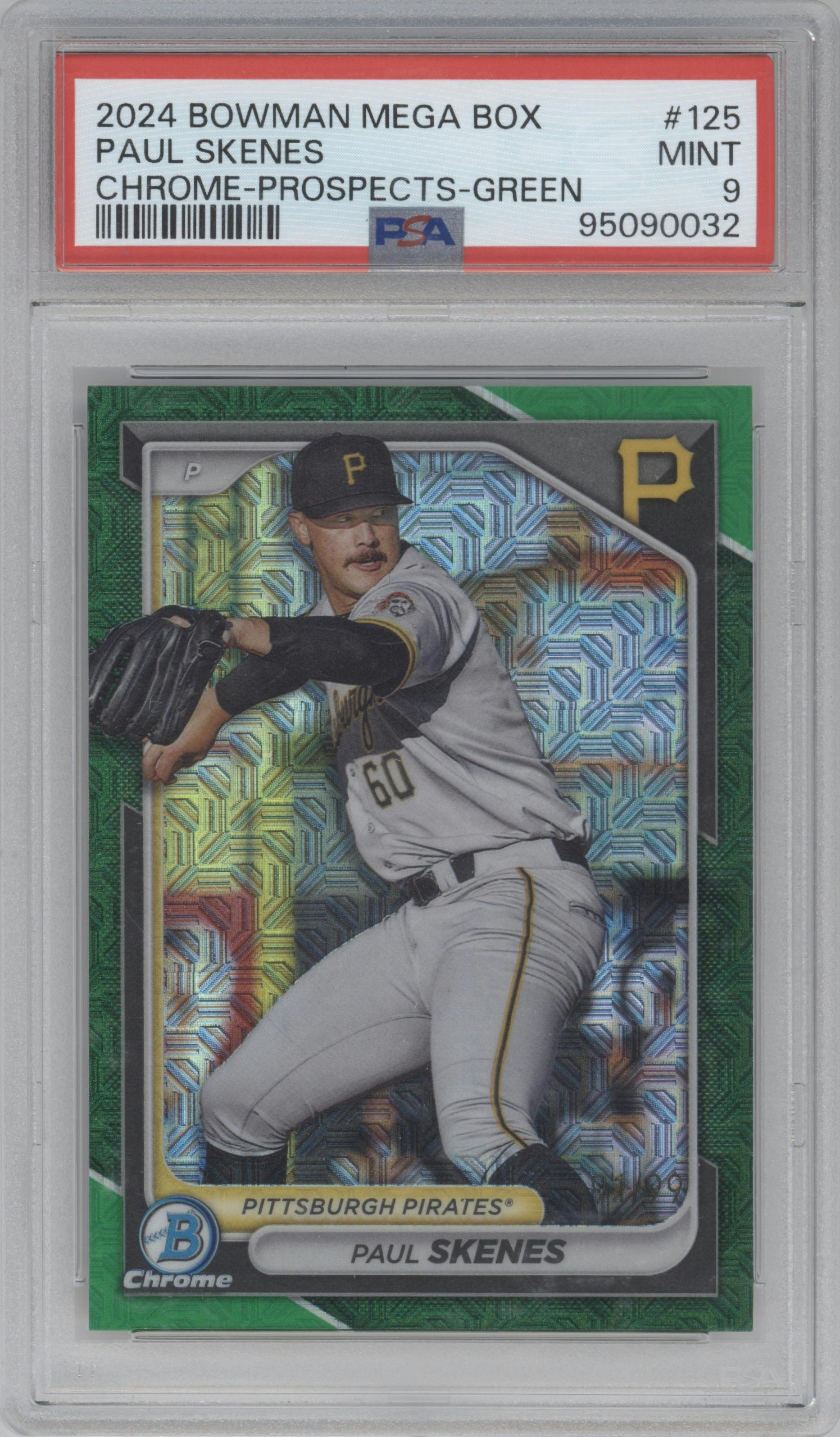 Paul Skenes from the 2024 Bowman Mega Box set featuring a Green Refractor parallel graded by PSA and given an overall grade of 9.