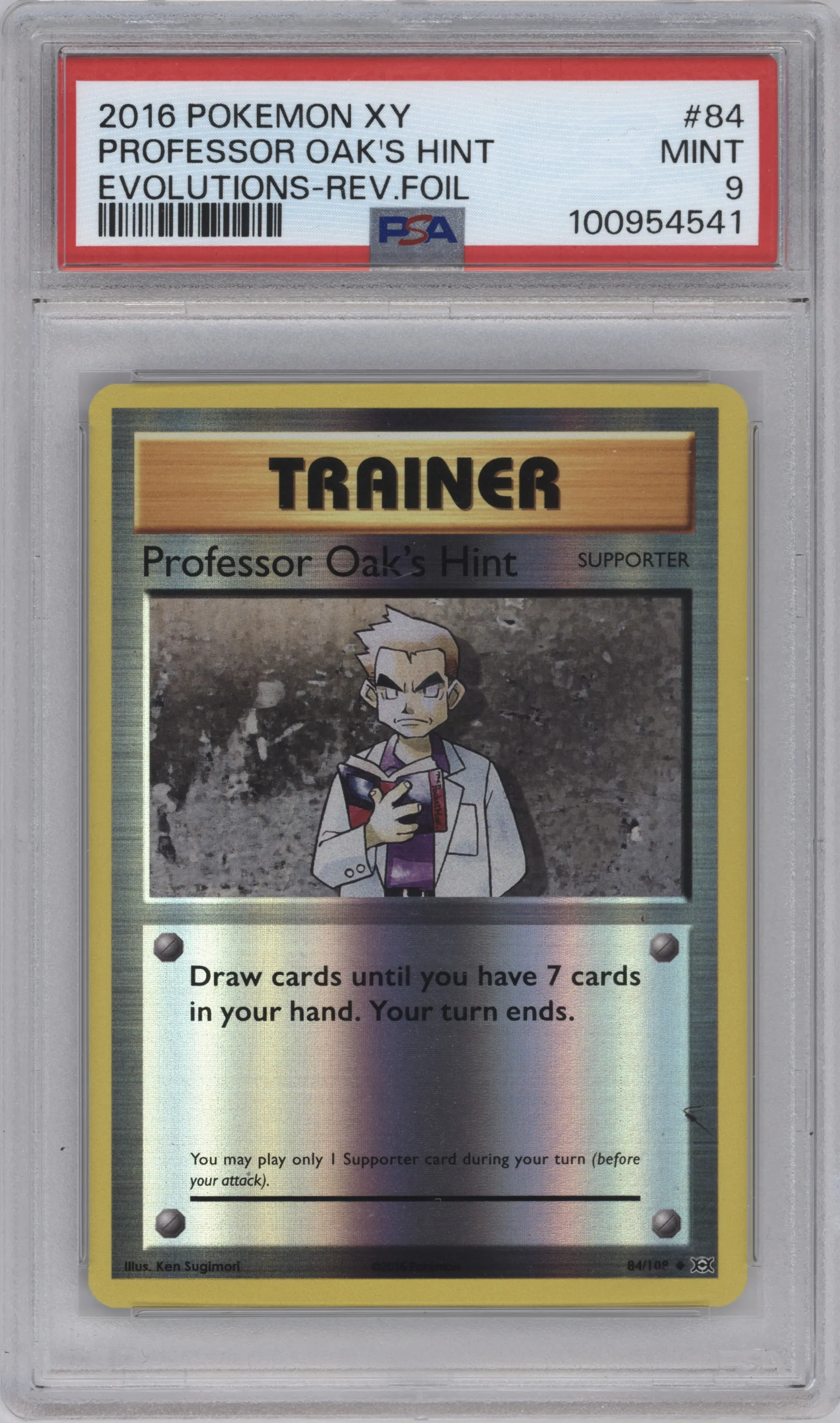 Professor Oak's Hint from the 2016 Pokemon XY set graded by PSA and given an overall grade of 9.