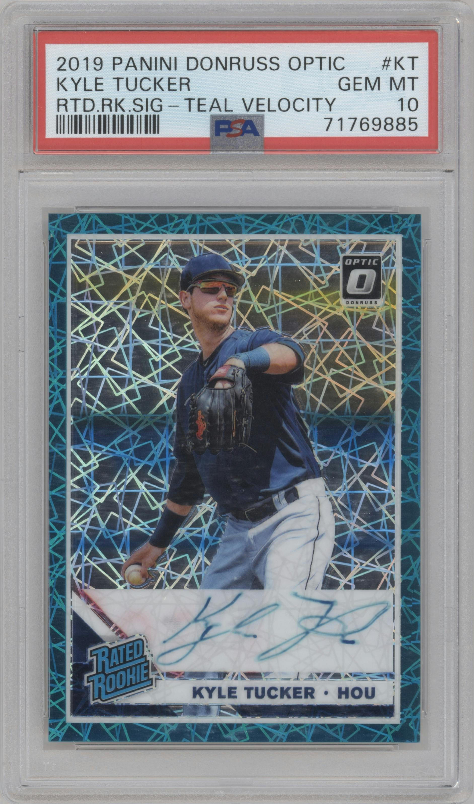 Kyle Tucker from the 2019 Panini Donruss Optic set featuring a Teal Velocity parallel graded by PSA and given an overall grade of 10.