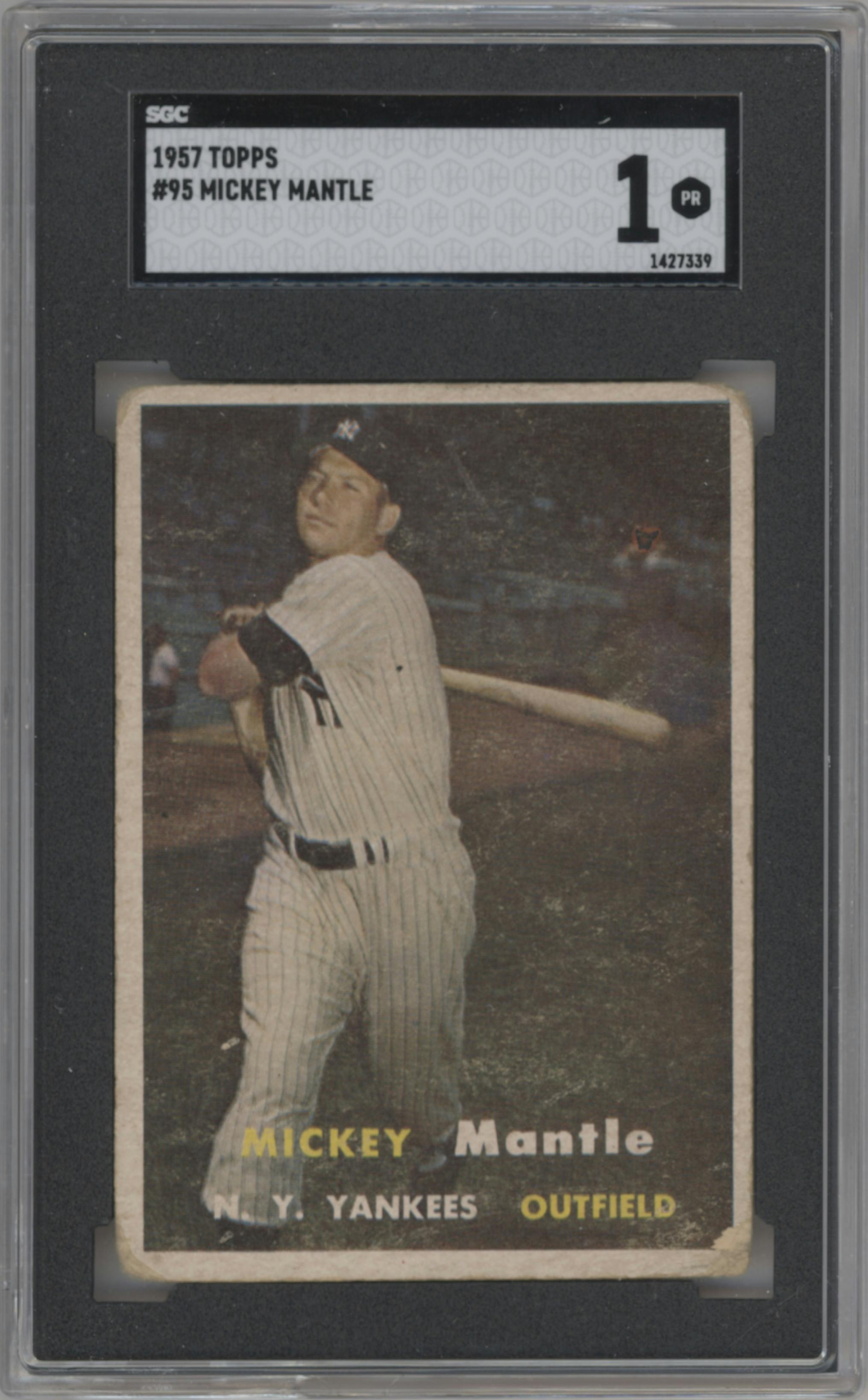 Mickey Mantle from the 1957 Topps set graded by SGC and given an overall grade of 1.
