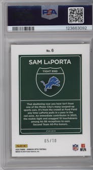 Sam LaPorta from the 2024 Donruss Optic set featuring a Gold parallel graded by PSA and given an overall grade of 10.
