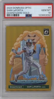 Sam LaPorta from the 2024 Donruss Optic set featuring a Gold parallel graded by PSA and given an overall grade of 10.