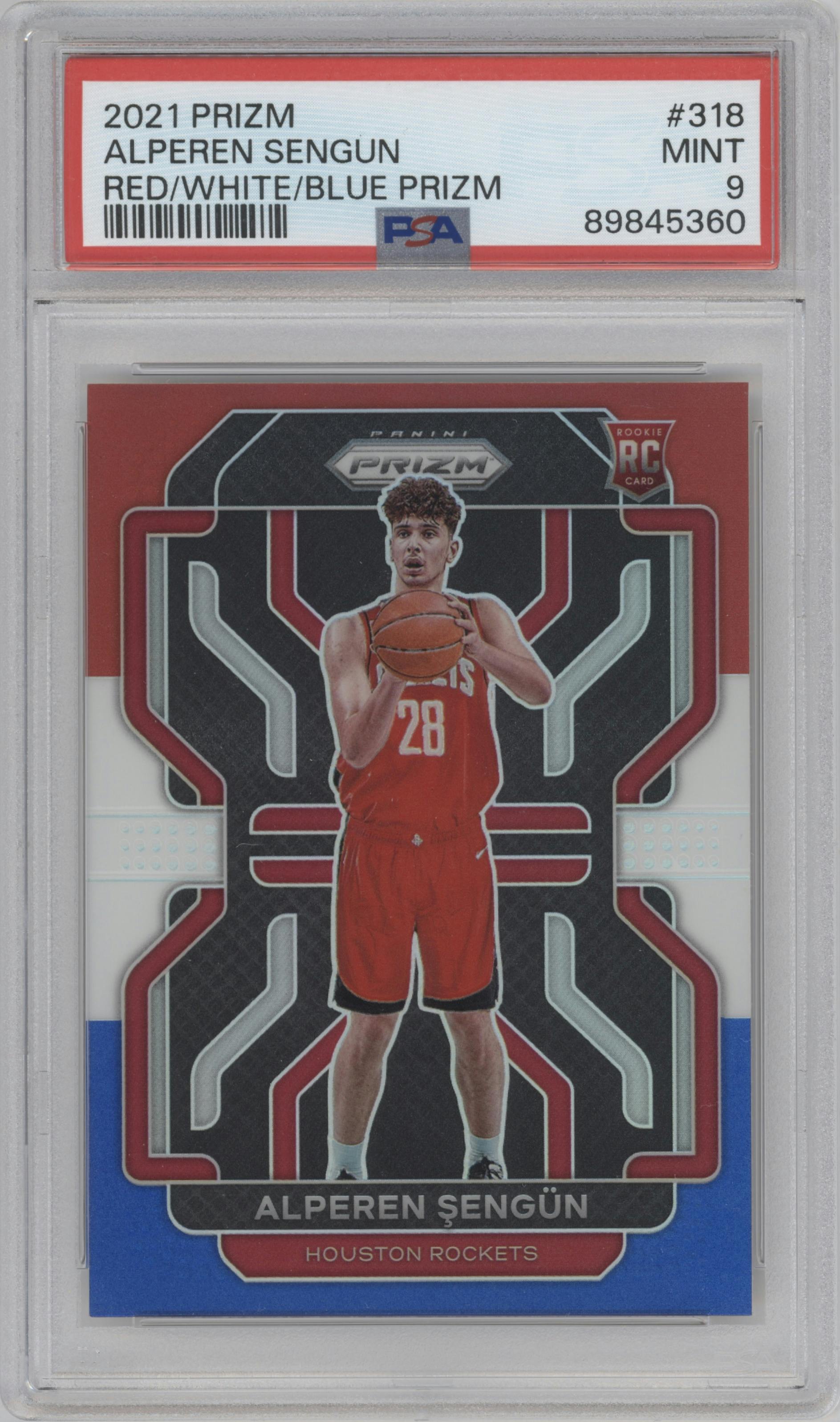 Alperen Sengun from the 2021-22 Panini Prizm  set featuring a Red/White/Blue Prizm parallel graded by PSA and given an overall grade of 9.
