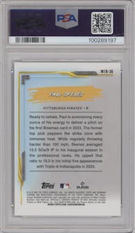 Paul Skenes from the 2024 Bowman Chrome set featuring a Mini Diamond Refractor parallel graded by PSA and given an overall grade of 9.