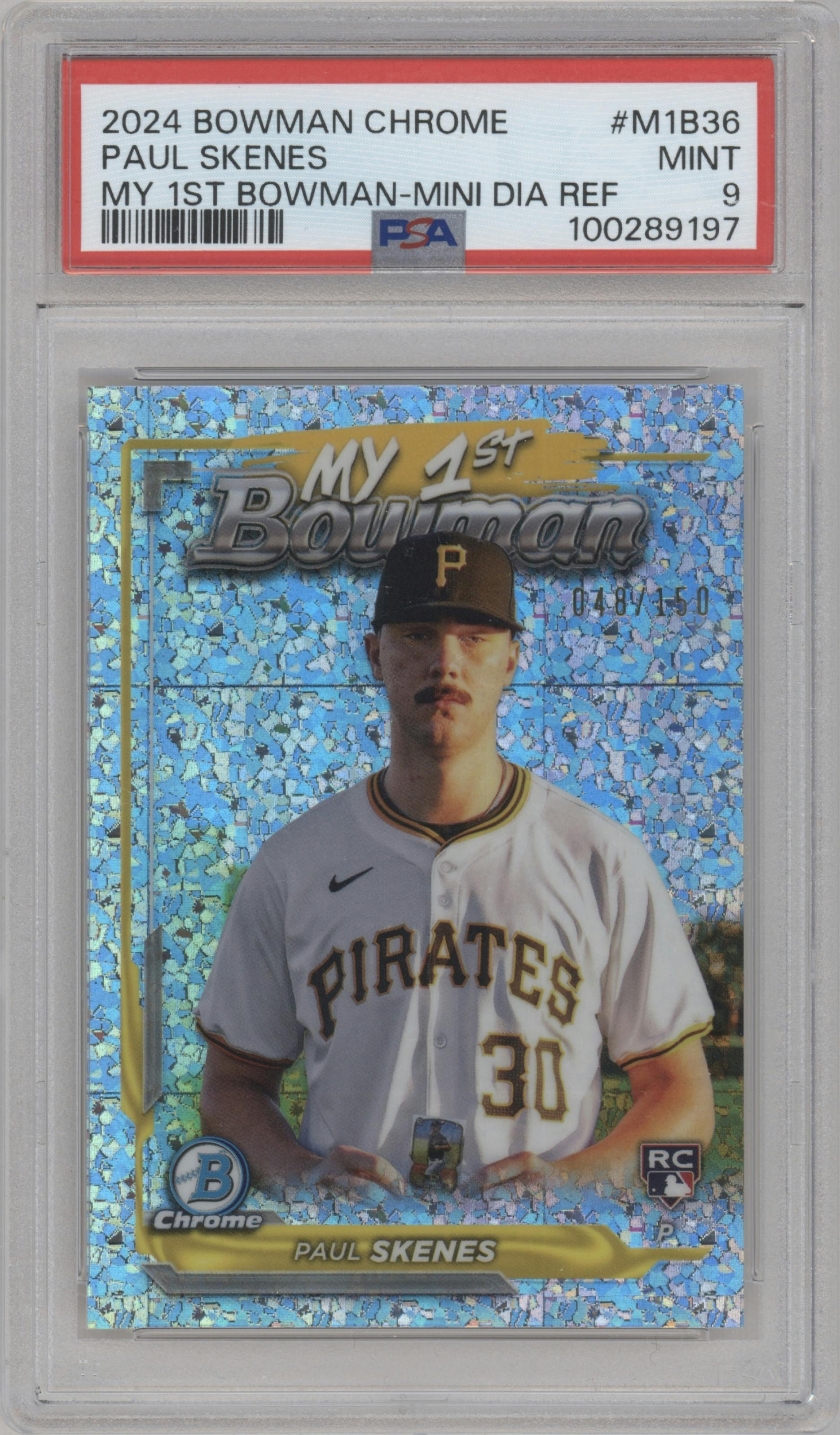Paul Skenes from the 2024 Bowman Chrome set featuring a Mini Diamond Refractor parallel graded by PSA and given an overall grade of 9.