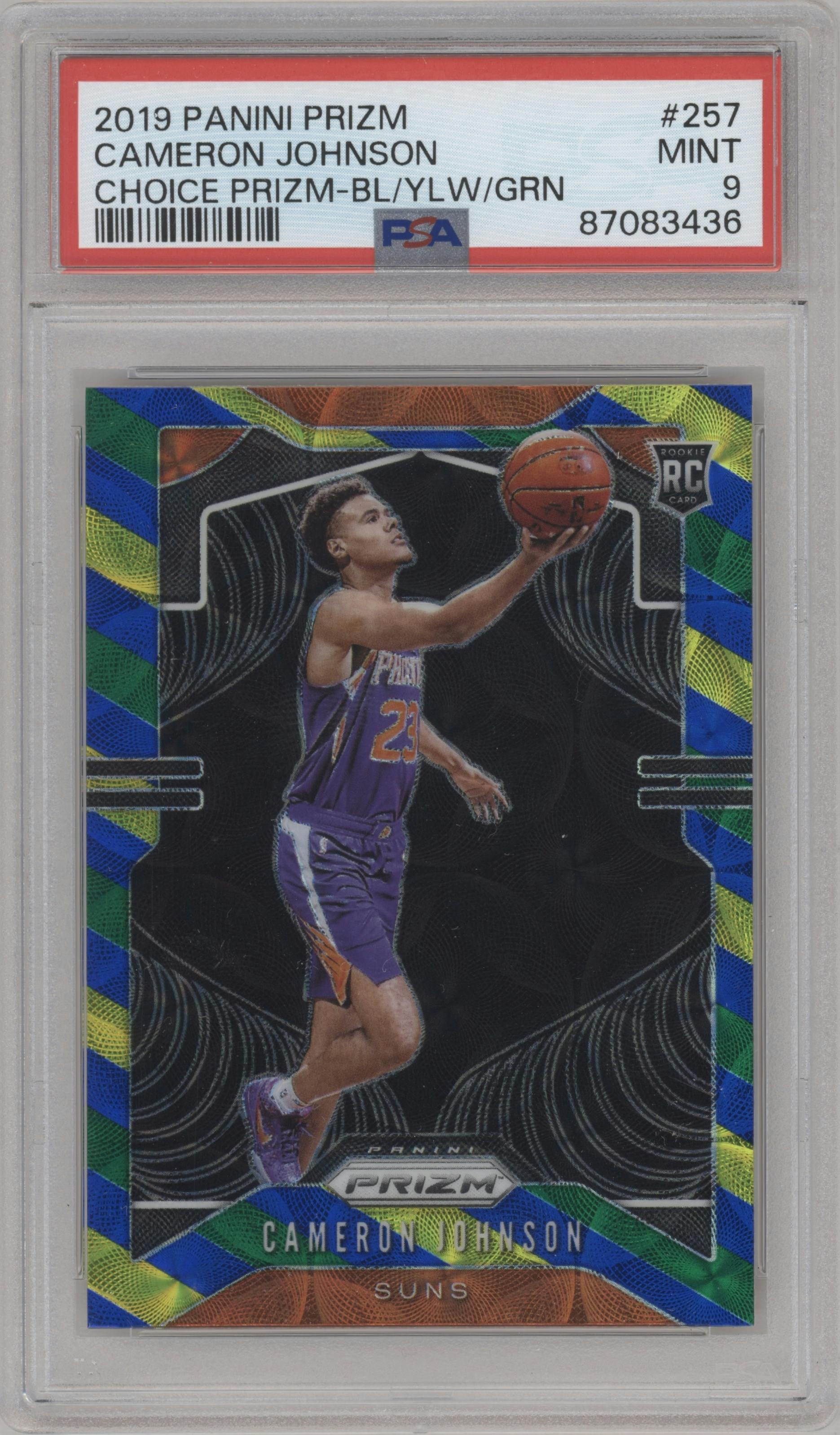 Cameron Johnson from the 2019-20 Panini Prizm set featuring a Choice Blue/Yellow/Green  parallel graded by PSA and given an overall grade of 9.