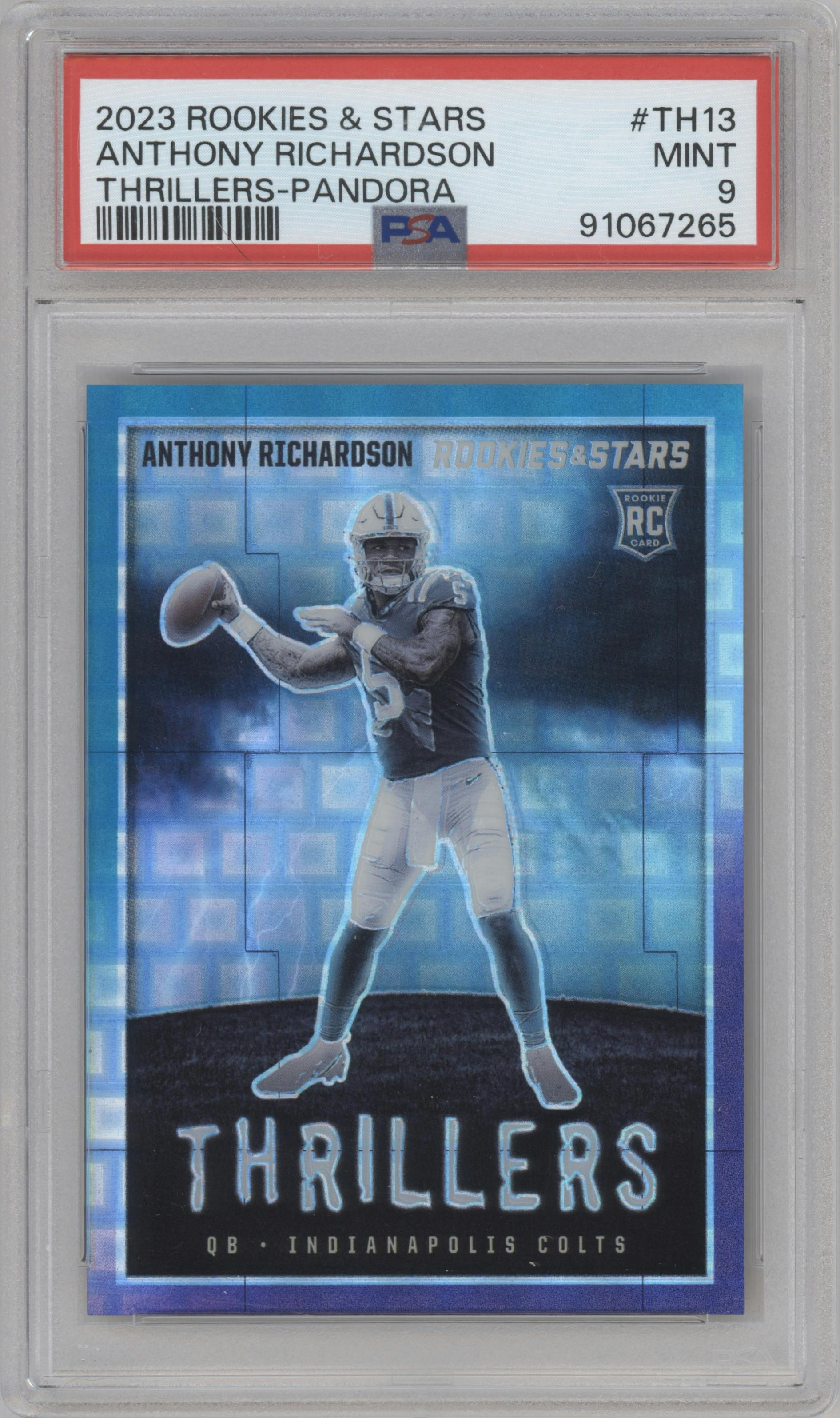 Anthony Richardson from the 2023 Panini Rookies & Stars set featuring a Pandora parallel graded by PSA and given an overall grade of 9.