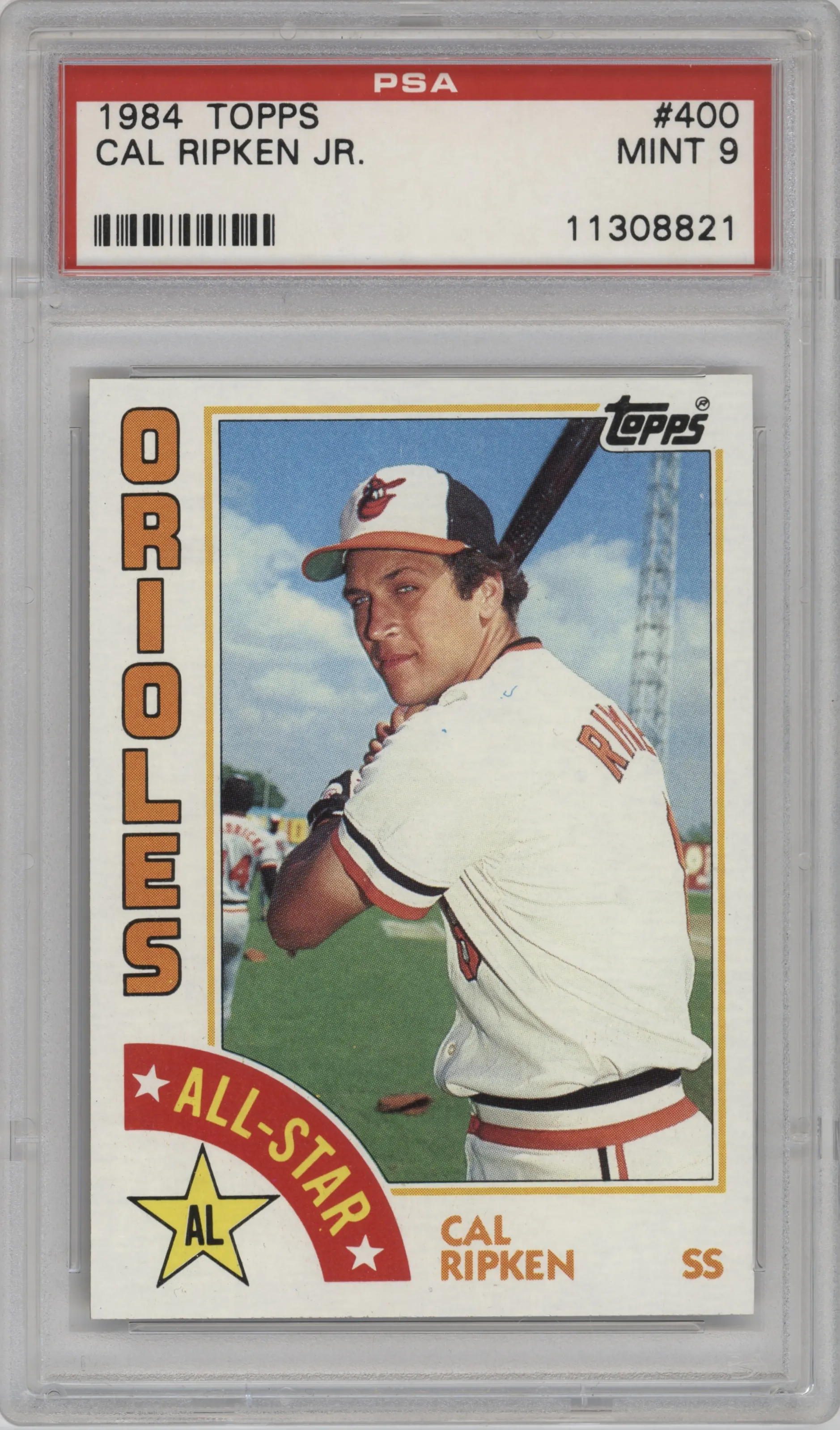 Cal Ripken from the 1984 Topps set graded by PSA and given an overall grade of 9.