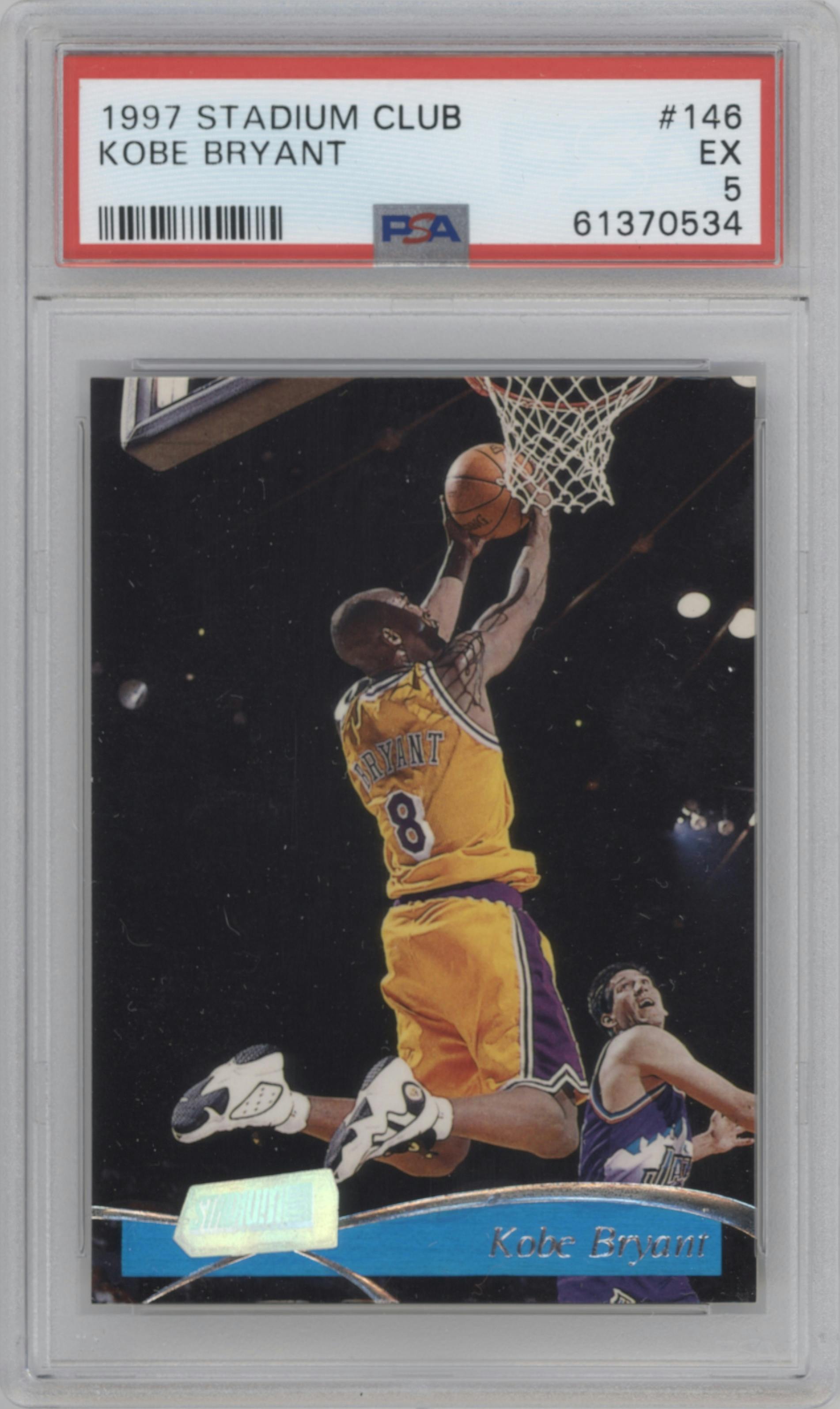 Kobe Bryant from the 1997-98 Topps Stadium Club set graded by PSA and given an overall grade of 5.