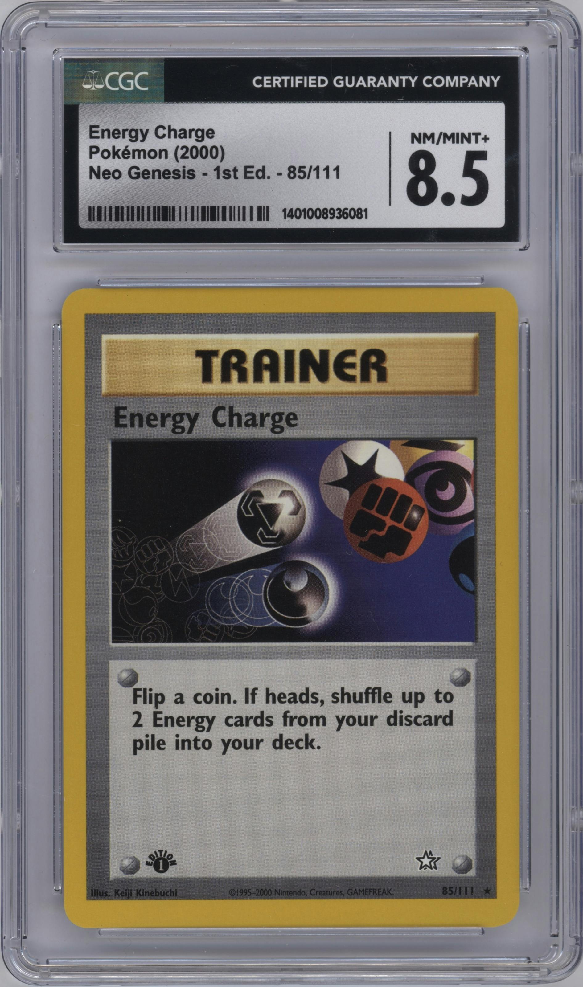 Energy Charge from the 2000 Pokemon Neo Genesis set graded by CSG and given an overall grade of 8.5.