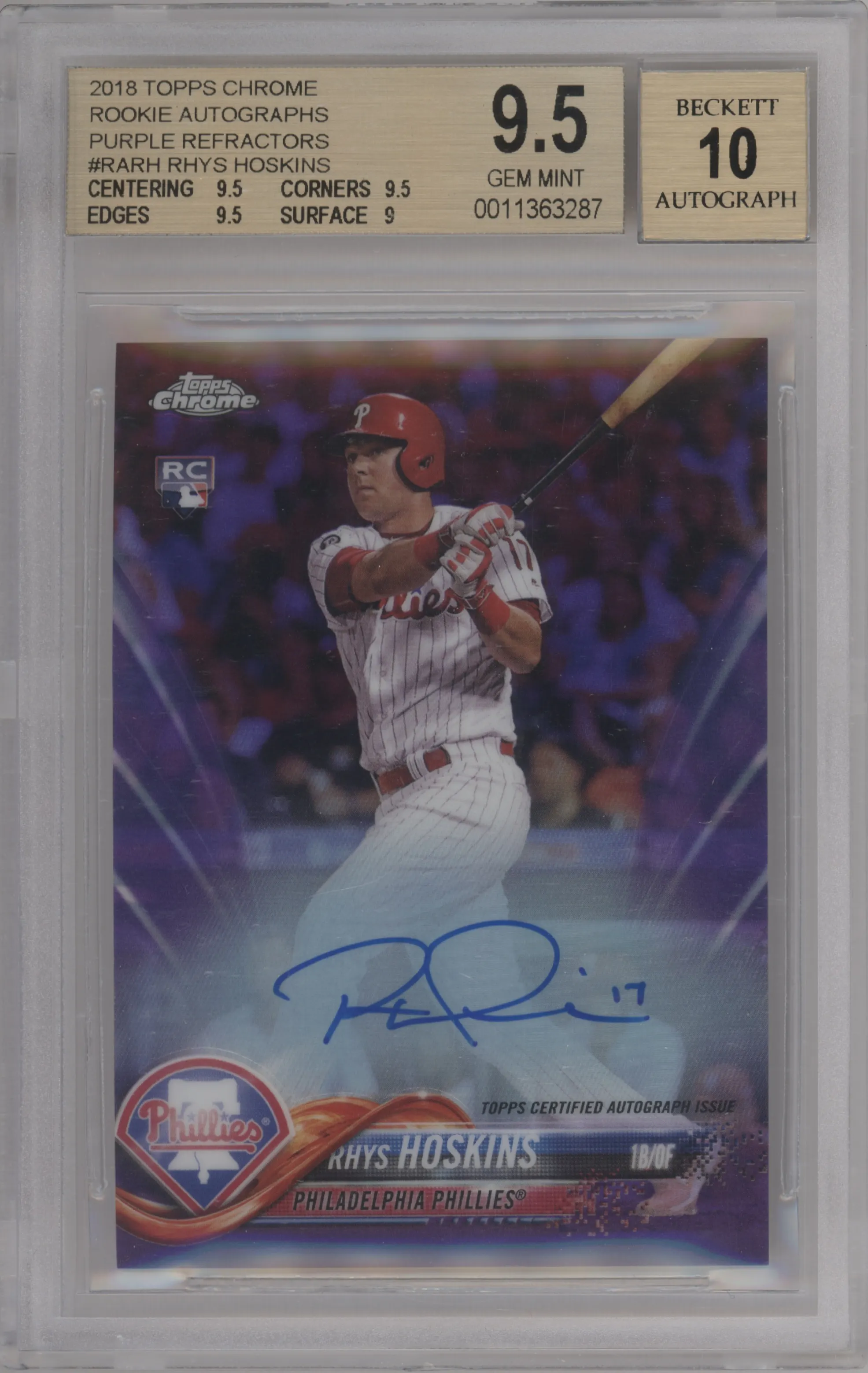 2018 Topps Chrome Rke.Auto Rhys Hoskins Purple Refractor #RA-RH BGS 9.5