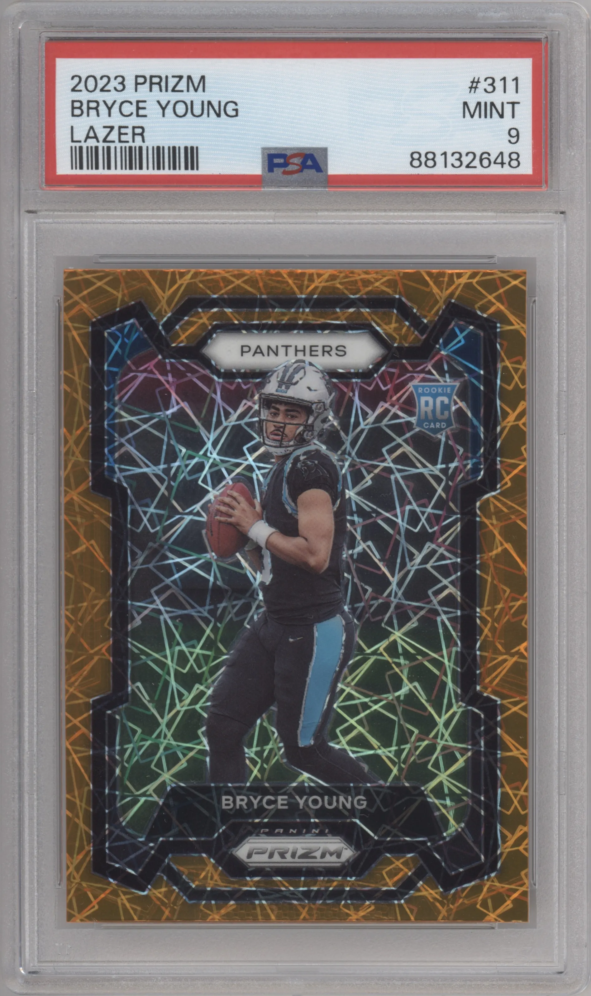 Bryce Young from the 2023 Panini Prizm set featuring a Lazer parallel graded by PSA and given an overall grade of 9.