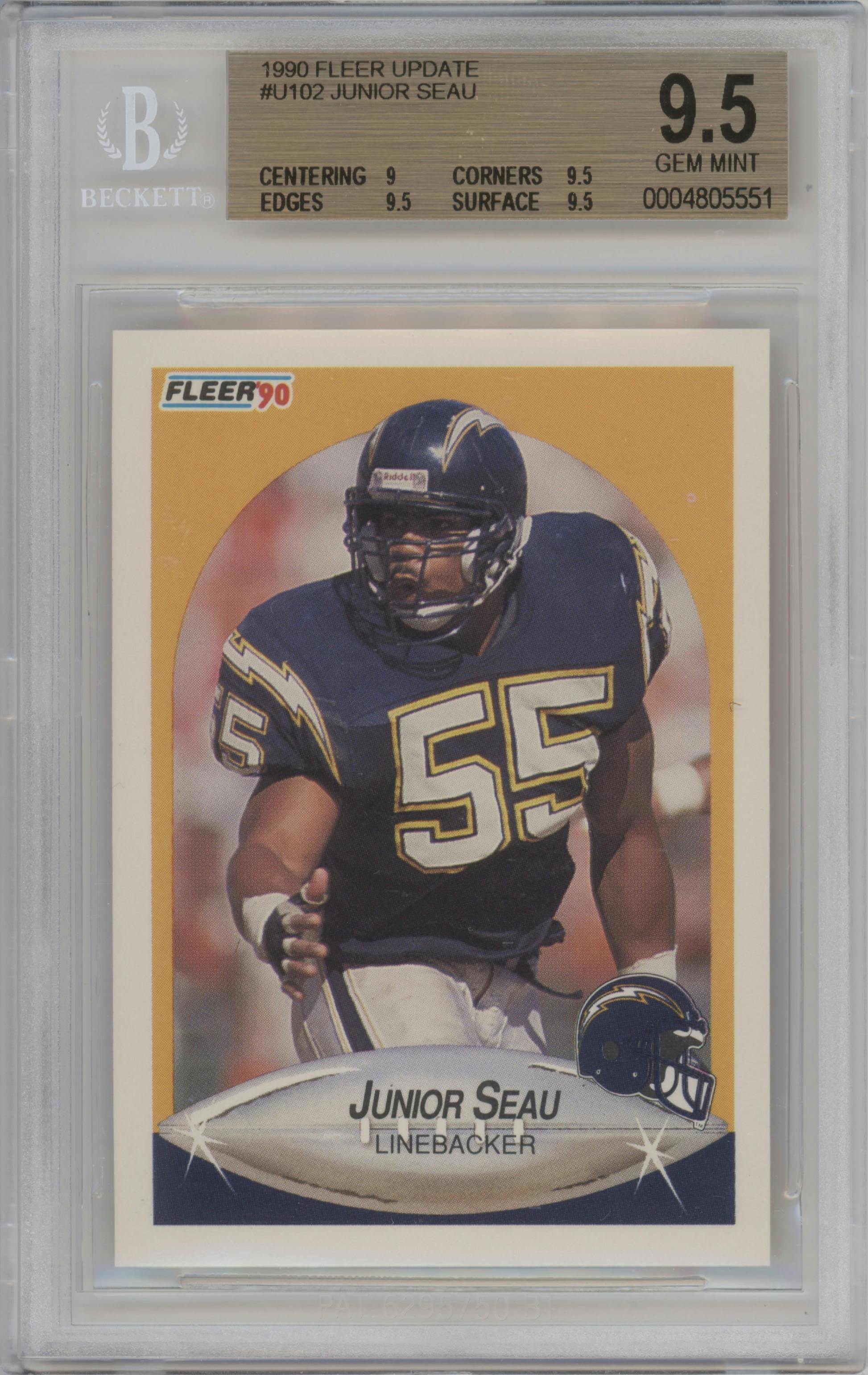 Junior Seau from the 1990 Fleer Update set graded by Beckett and given an overall grade of 9.5.