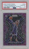 Tyrese Haliburton from the 2020-21 Panini Prizm set featuring a Fast Break Purple parallel graded by PSA and given an overall grade of 10.