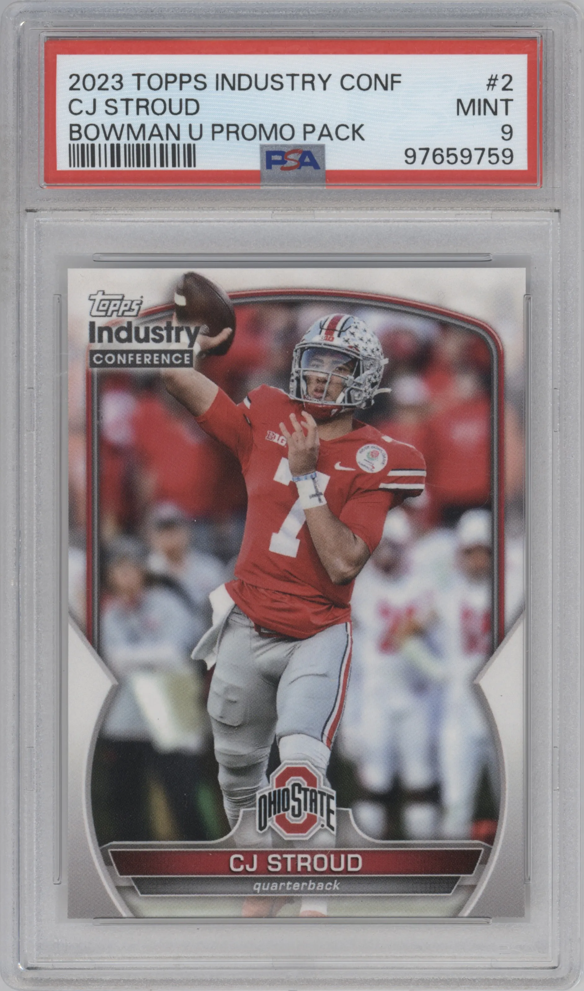 CJ Stroud from the 2023 Topps Industry Conference set graded by PSA and given an overall grade of 9.